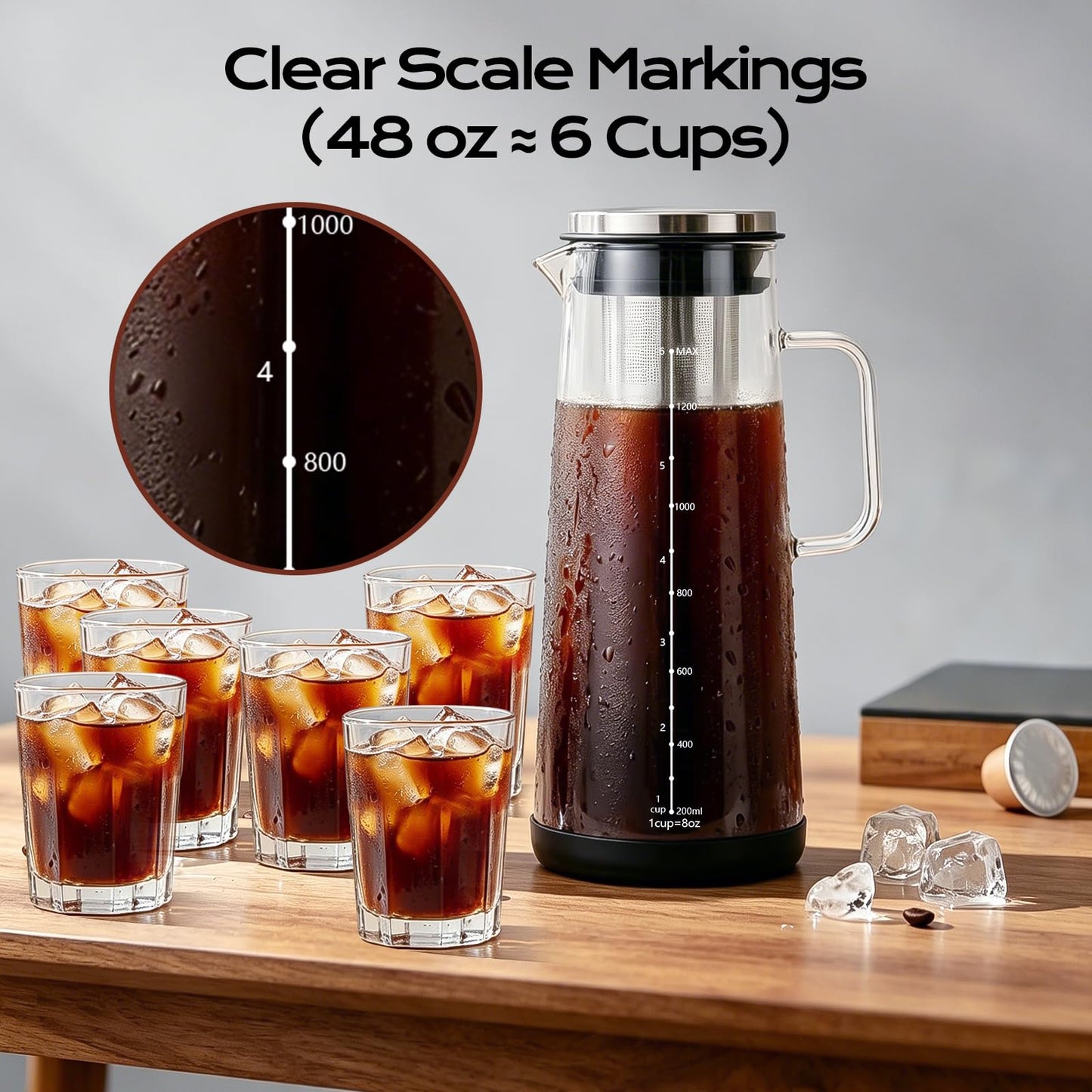 CARROTTIMES Cold Brew Coffee Maker 1.4L/48oz with Handle, Extended Stainless Steel Filter for Deep Extraction, Iced Tea Pitcher with Non-Slip Base Includes Cleaning Brush & Long Stirring Spoon