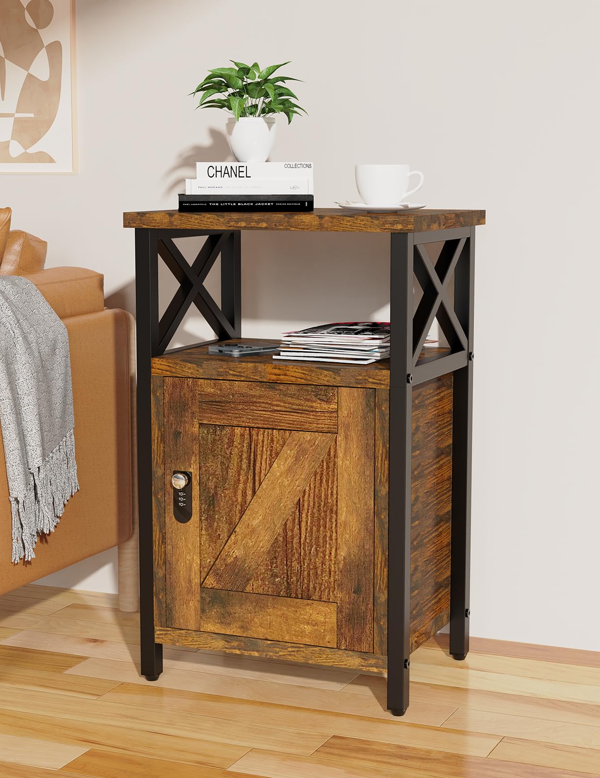runjuly Night Stand with Locking Drawer, Bedside Table with Drawers, Wooden Bed Side Table with Storage, Nightstand with Shelves, End Night Tables For Bedroom, Living Room, Dorm, Office (Rustic Brown)