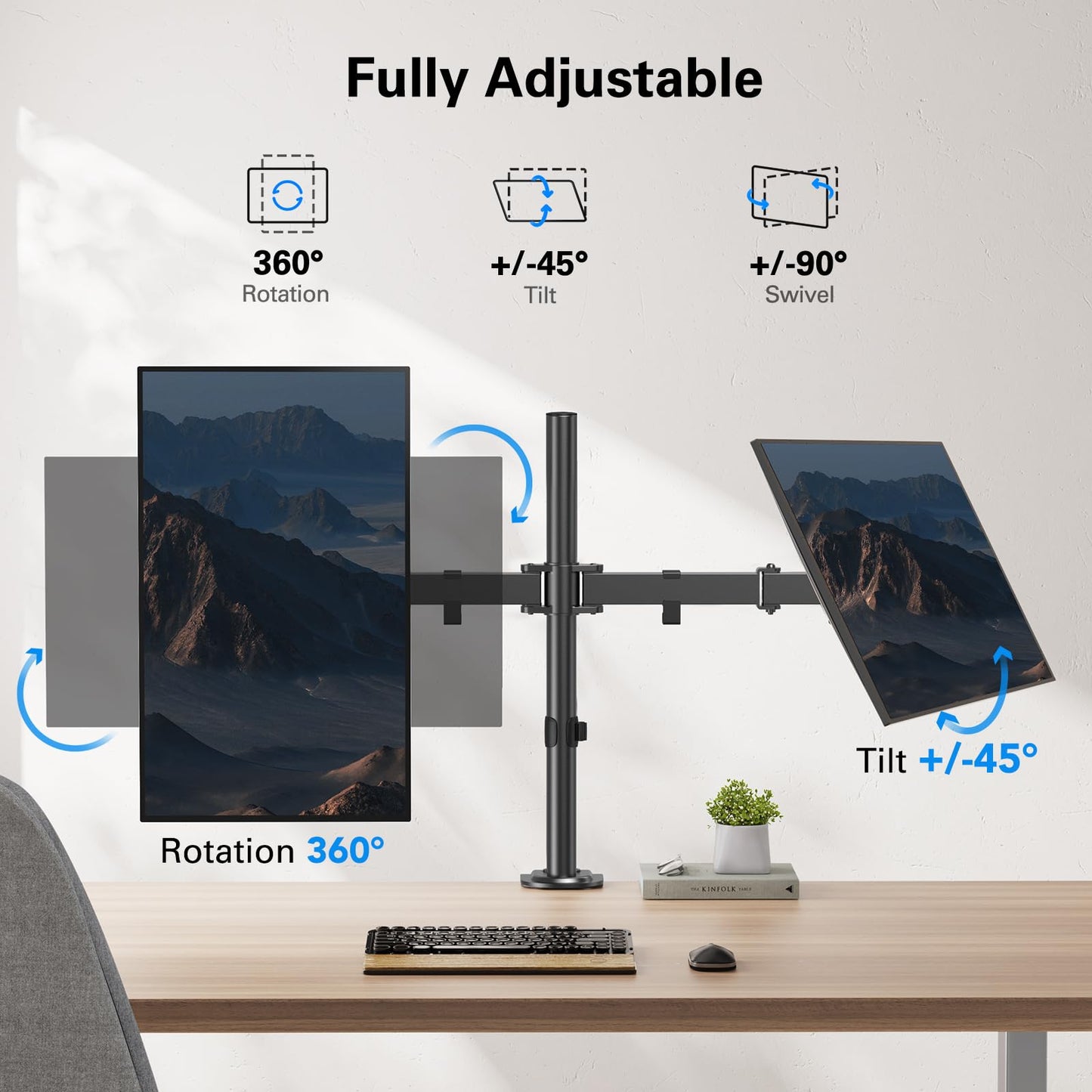 HUANUO Dual Monitor Stand for 13-30 Inch Screens | 22lbs Per Arm| 75x75mm & 100x100mm VESA | C-Clamp & Grommet Mount | Includes Cable Management & USB Support