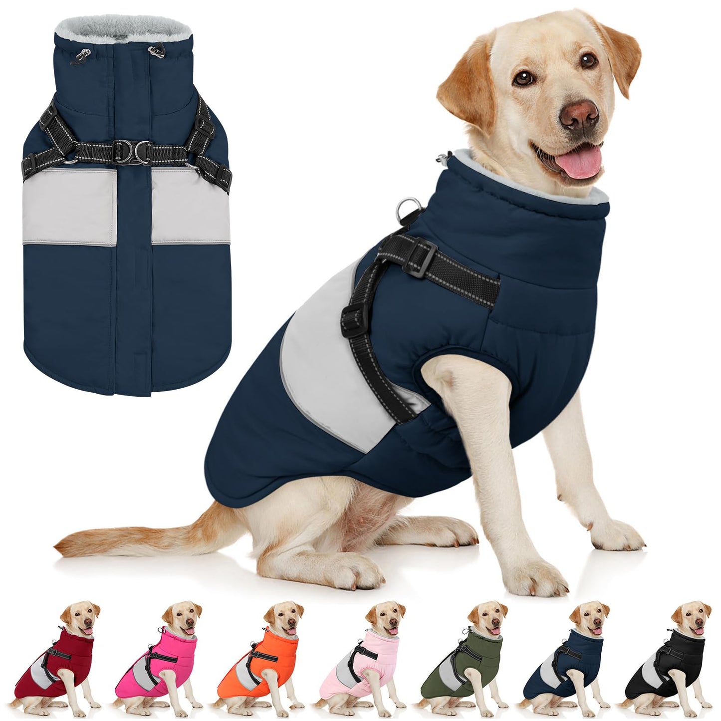 AOFITEE Dog Winter Coat, Dog Coat with Harness Built in, Dogs Jacket for Large Dogs, Reflective Waterproof Pet Puffer Jacket Snowsuit, Warm Fleece Windproof Pet Sweater for Cold Weather, XL