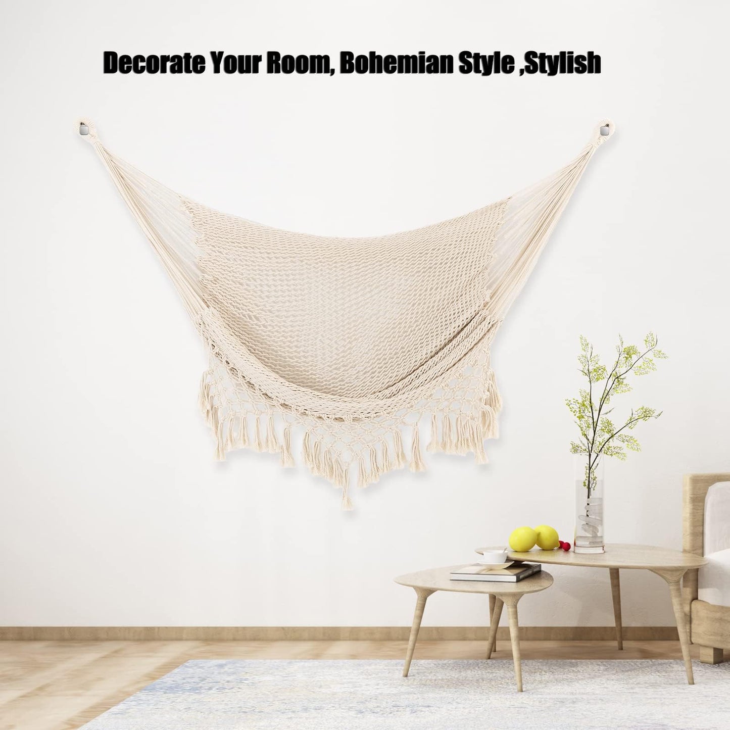 Hammock Chair, Large Hanging Chair, Soft Cotton Rope Swing Chair with High Load-Bearing Metal Rod,Indoor Outdoor Garden Yard Living Room Beige
