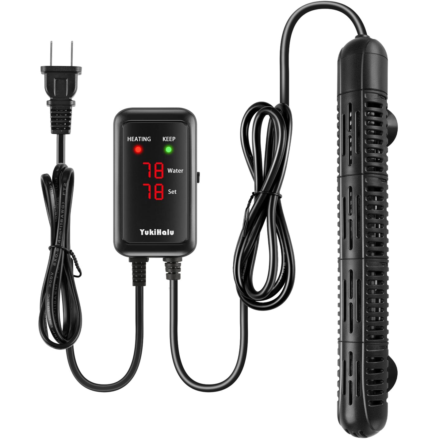 YukiHalu Aquarium Heater 50/100/200/300/500W with Protective Case, Fish Tank Heater, Temperature Adjustable, External Temperature Controller, LED Display, Used for 10/20/40/75/120 Gallons (300W)