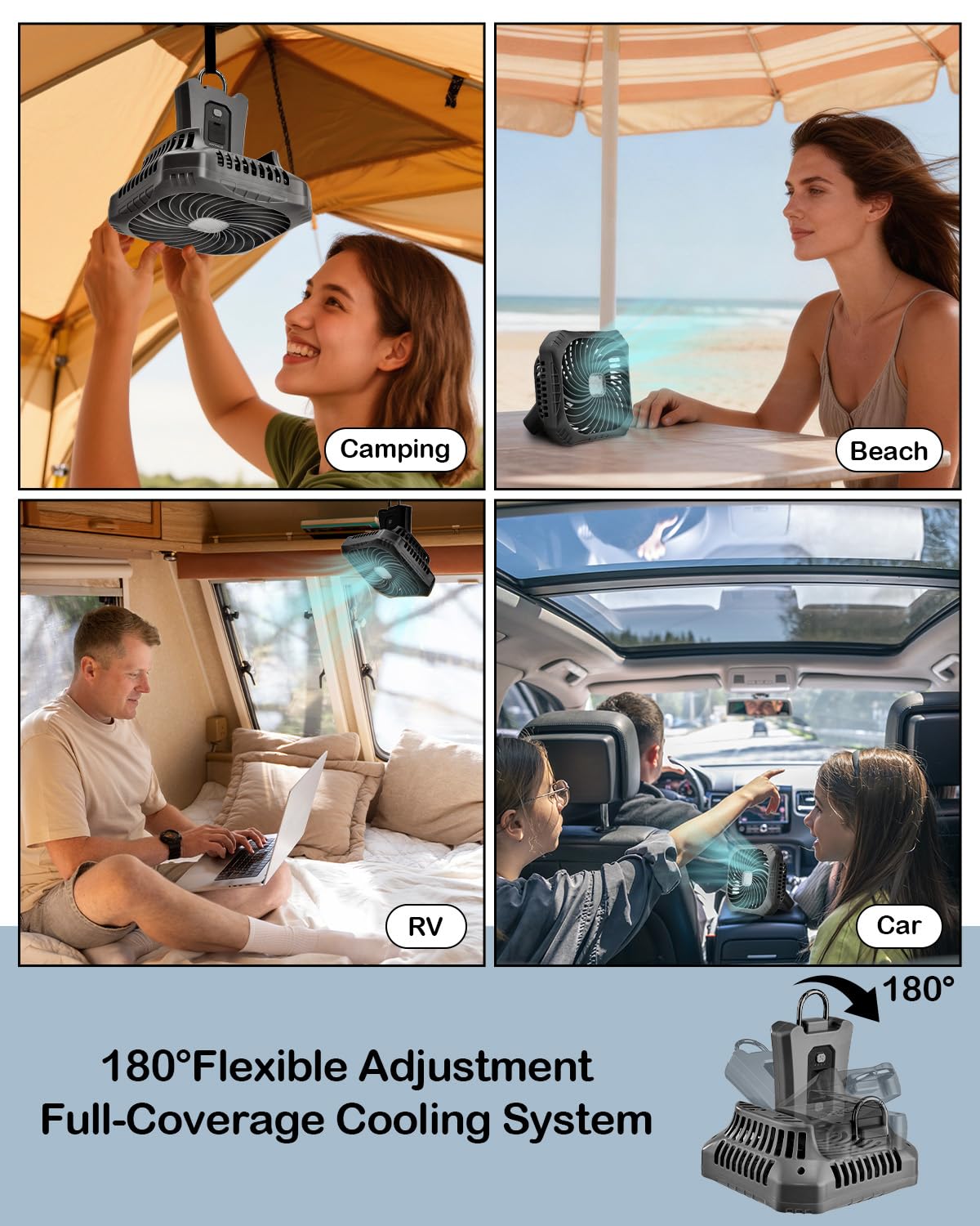 Odoland Portable Tent Fan with LED Lights - Rechargeable Camping Fan with 4 Speed Settings and 3 Light Modes for Hurricane Emergency Outages Camping, RV, Road Trips,Black