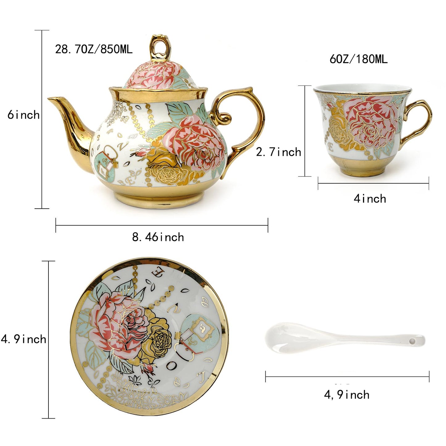 CHANJOON Tea Sets Gold Plated Red Rose Ceramic Tea Set, Vintage Teapot Tea Sets Beautiful Tea Set Coffee Serving 6 People (Golden, Large)