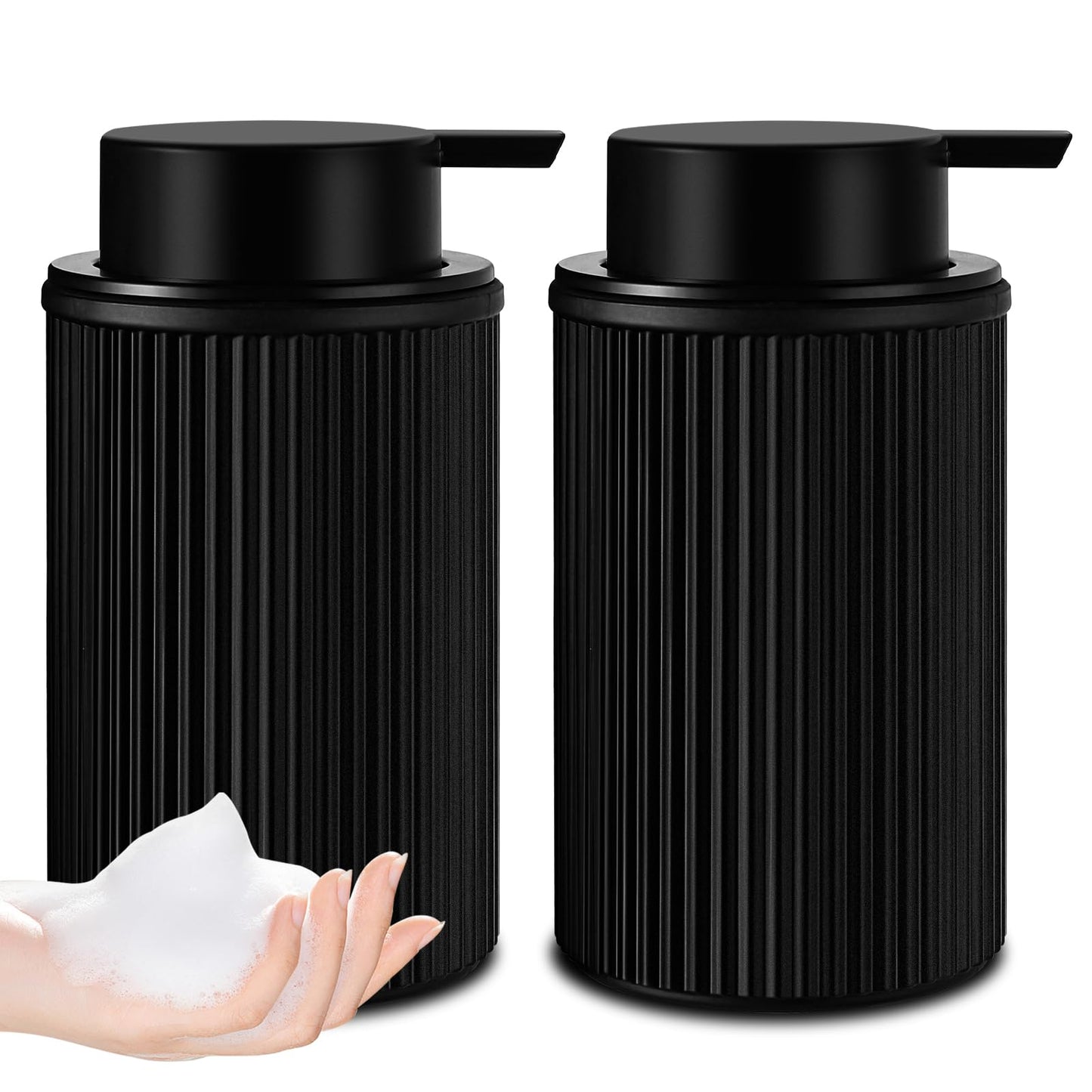 KASUNTING Matte Black Foaming Soap Dispenser, 2 Pack Ribbed Glass Foam Hand Soap Dispenser for Bathroom, Refillable Foaming Pump Bottle with Black Pump, Modern Dish Soap Foam Dispenser