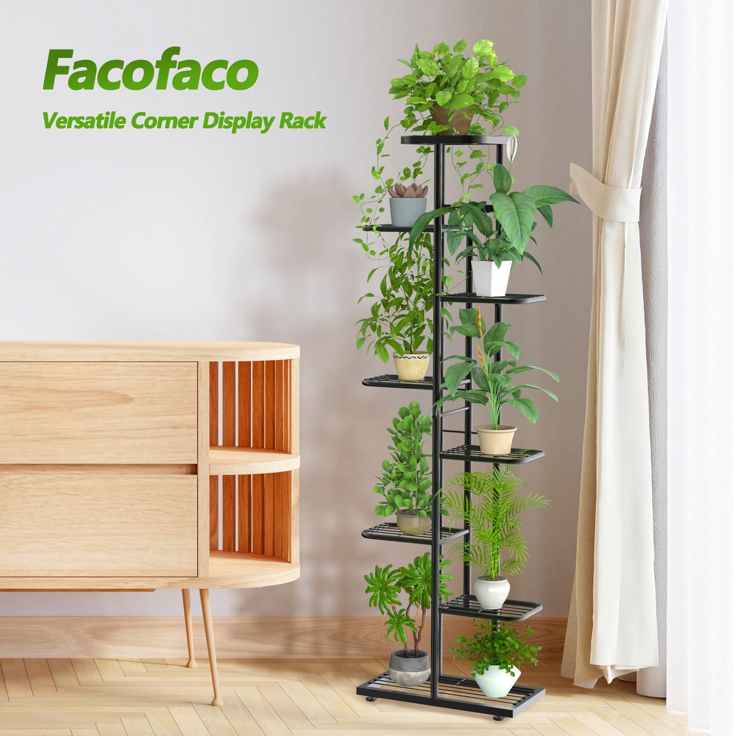 8 Tier 9 Potted Plant Stand Indoor, Black Tall Metal Corner Plant Shelf Organizer Outdoor Multiple Flower Pot Holder Display Rack for Patio Garden Balcony Living Room