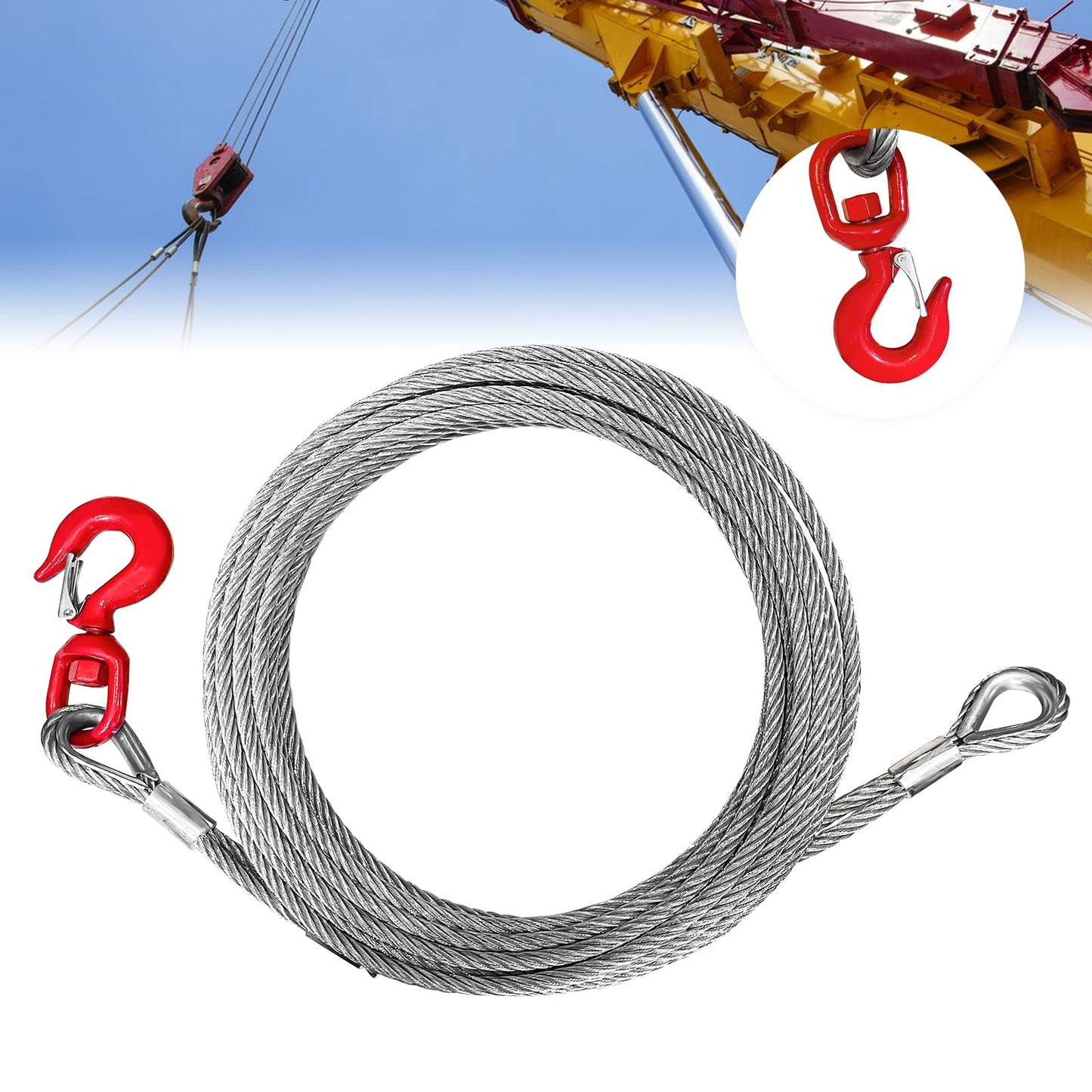 YATOINTO Galvanized Steel Winch Cable, 3/8" Towing Cable Heavy Duty, 13980LBS Breaking Strength, with Swivel Hook 2T and 2 Aluminum Rings, 6x19 Strand Core Steel Cable for Crane Tow Truck (50 FT)
