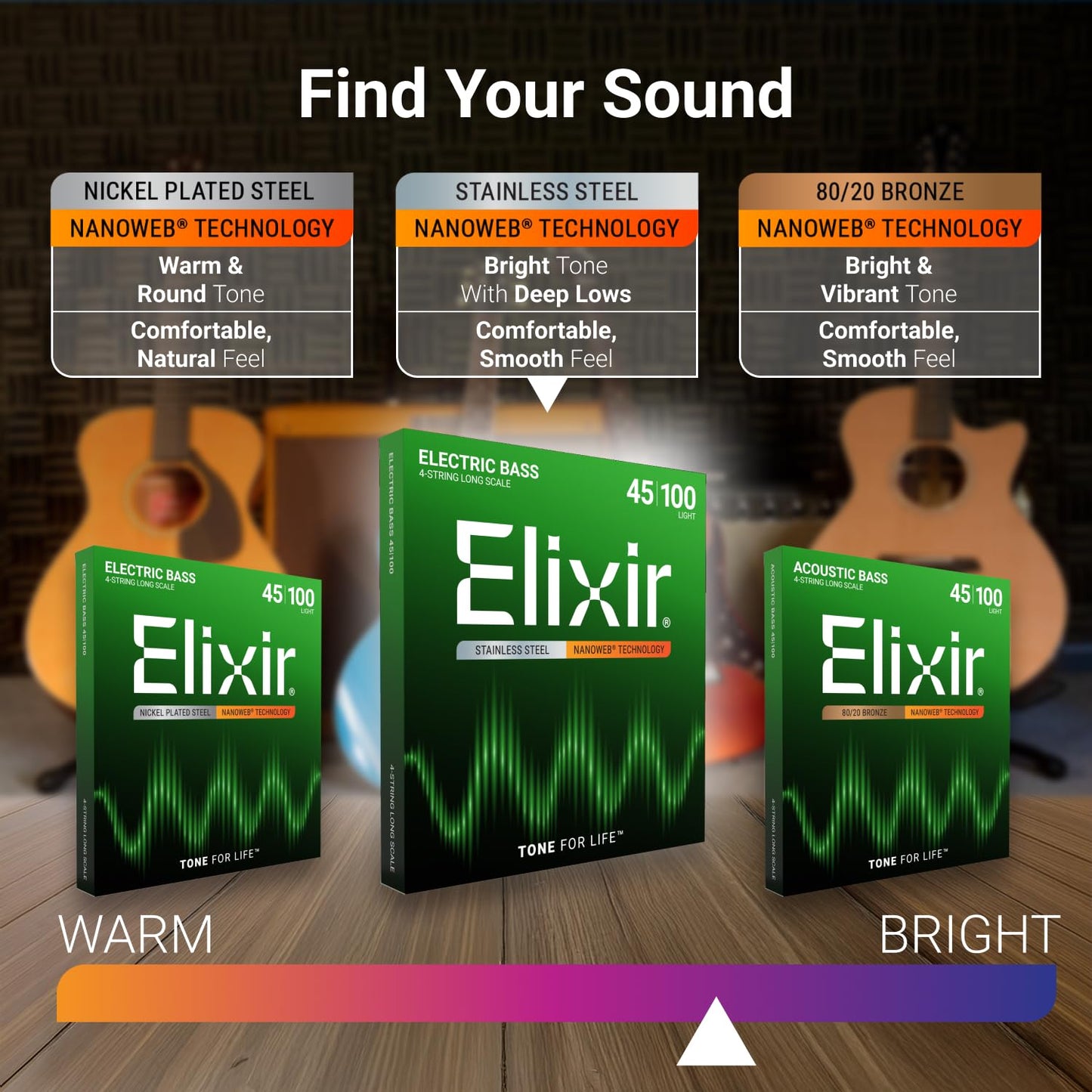 Elixir Strings, Electric Bass Guitar Strings, Stainless Steel with NANOWEB Technology, Longest-Lasting Bright Tone with Comfortable Feel, 4-String Set, Long Scale, Light 45-100
