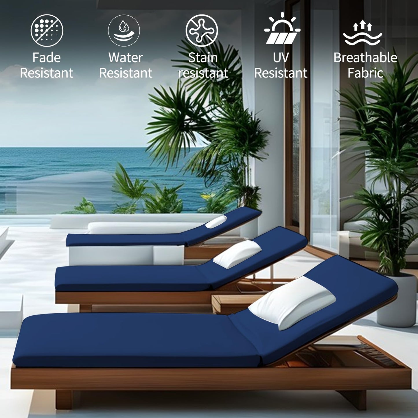 Iheqard Outdoor Chaise Lounge Cushions for Patio, 74"x22"x3" Lounge Chair Cushions Set of 2, Waterproof Replacement Seat Cushions for Outdoor Furniture (Blue, 1 Pcs)