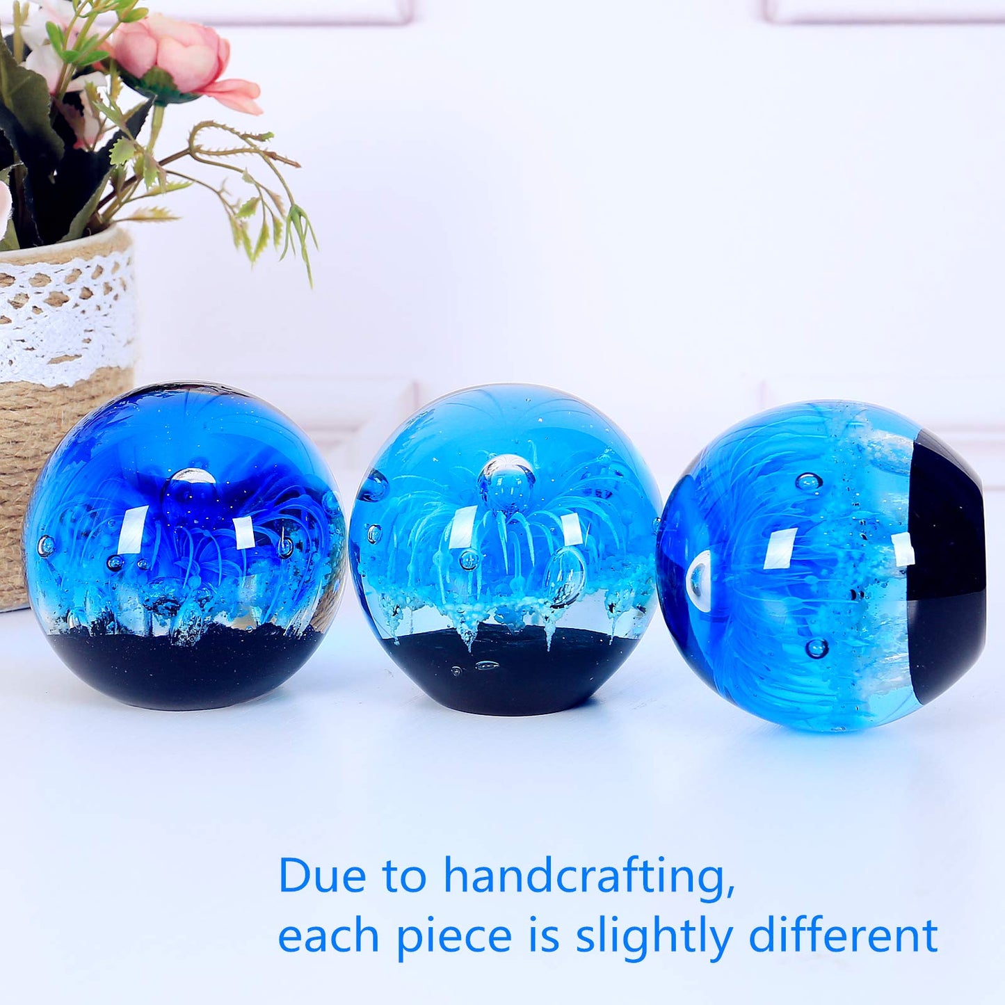 Hand Blown Glass Blue Flower Sphere Figurine, Blue Paperweight Ball, Sea Plant Ornament for Fish Tank Aquarium, Sea Plant Collection for Birthday Gift