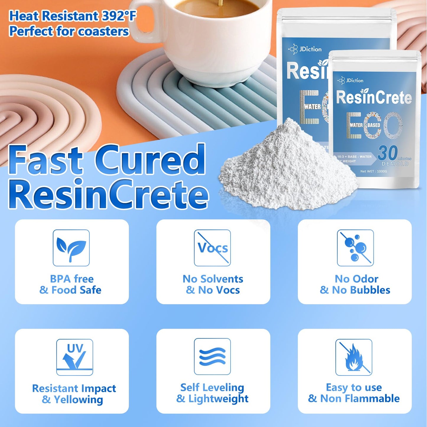 JDiction ResinCrete, 1000G Water-Based Eco-Friendly Formula, 20-30 Minutes Demold Fast Curing Eco Casting for Beginners, Natural Mineral Casting Powder, Easy Mix Non-Toxic for DIY Home Art