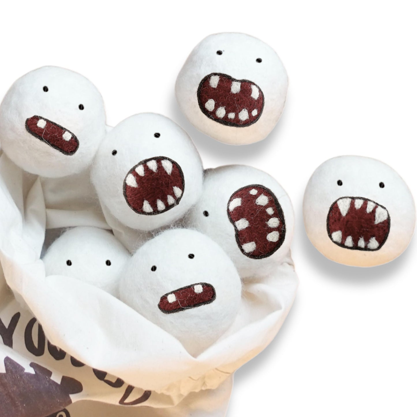 Woolbuddy Monster Dryer Balls (6-Pack) — Cute Handmade Wool Characters, Natural Fabric Softener, Eco-Friendly Gift for Families & New Homes