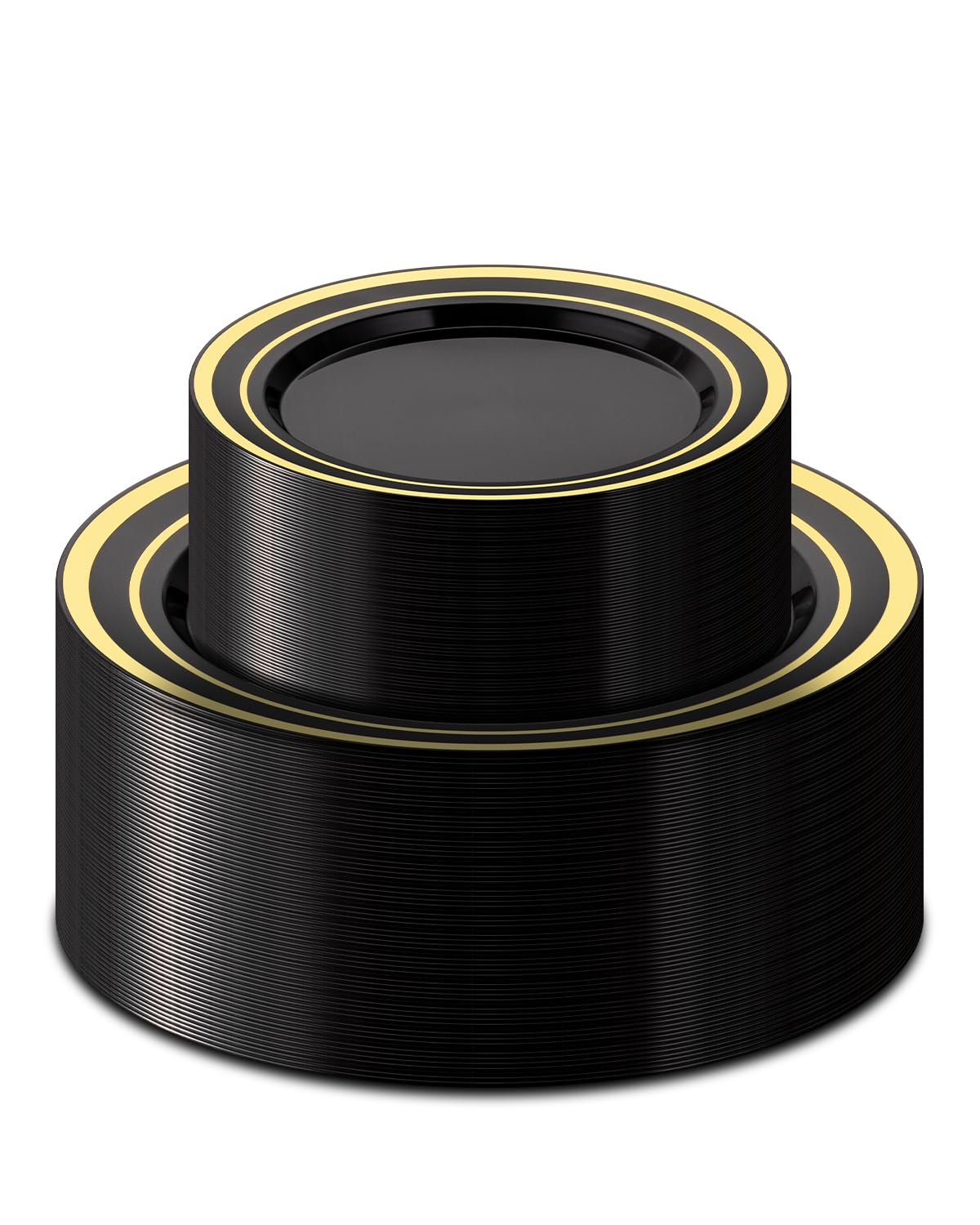 100PCS Black Plastic Plates Set with Gold Rim, 50 10.25 inch Dinner Plates and 50 7.5 inch Dessert Plates, Premium Disposable Plates forfor Party, Wedding, Holiday,And Halloween