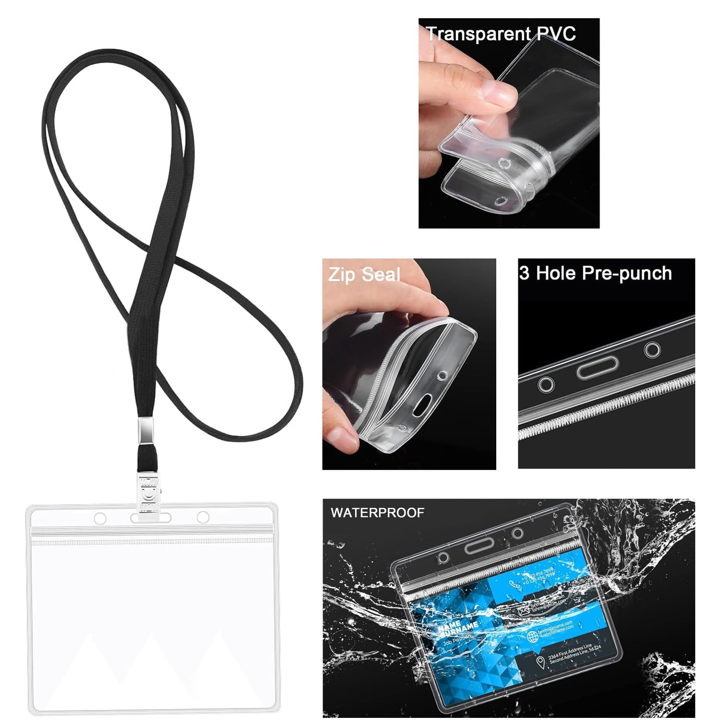 140 Pcs Lanyards with ID Holder, 4x3 in Badge Holder with Lanyards 70 Pcs Clear Waterproof Horizontal Name Tag and 70 Pcs Black Neck Badge Lanyards for Office School
