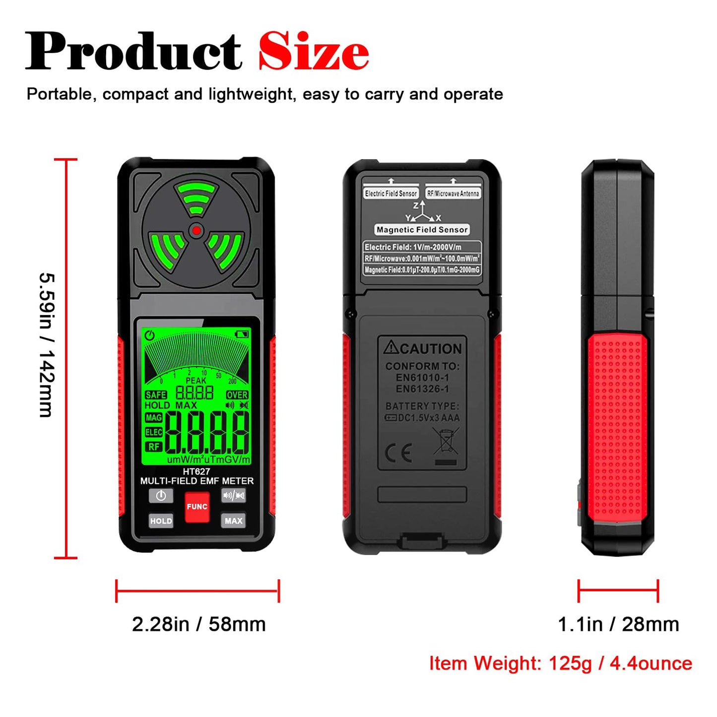 EMF Meter, 3-in-1 Portable Electromagnetic Field Radiation Detector Handheld EMF Tester for EF, RF, MF, WiFi Signal, Radio Frequency Detector Suitable for Home Office EMF Inspections Ghost Hunting