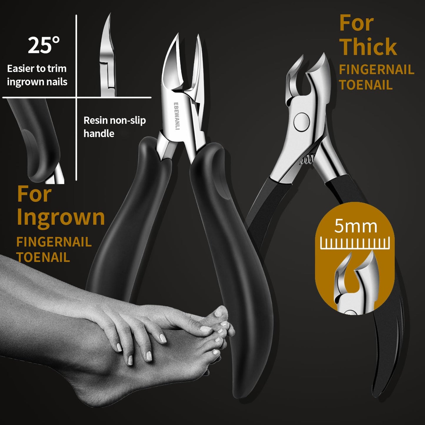 EBEWANLI Heavy Duty Toenail Clippers for Thick Toenails, Toe Nail Clippers for Thick Nails for Seniors, Straight Toe Nail Clippers for Men, Ingrown Toenail Clippers and Angled Nail Clipper Set