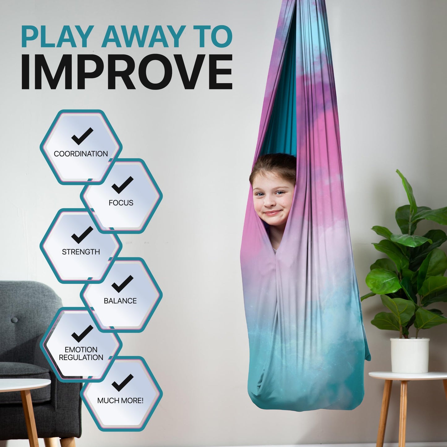Indoor Sensory Swing for Kids or Outdoor – Holds 300lbs, Double-Layer, & 360° Swivel, Calming Compression Therapy Swing Hammock for Kids & Adults with All Hardware – Sensory-Motor Toys & Gifts
