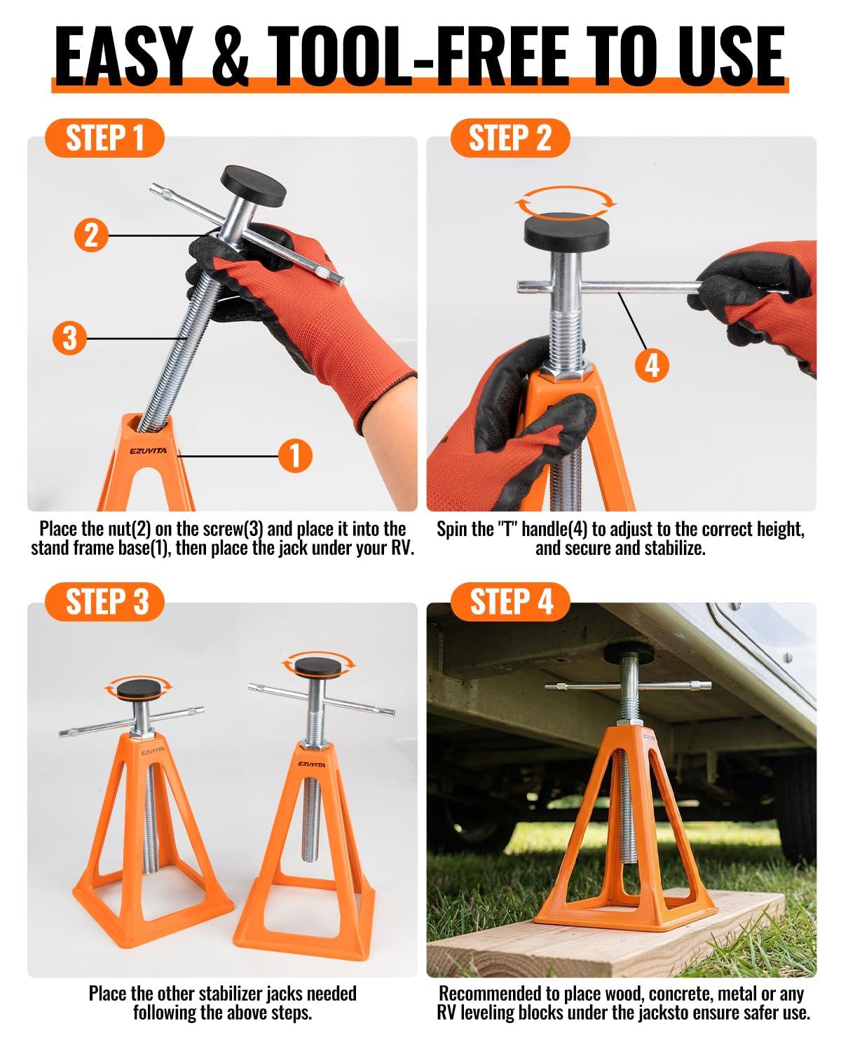 EZUVITA4-Pack RV Stabilizer Jacks – Each Supports Up to 7500 Lbs, Adjustable 11"–17", Heavy Duty Aluminum with Spare Nuts, Rubber Pads & Gloves for Travel Trailer Camper, Motorhome