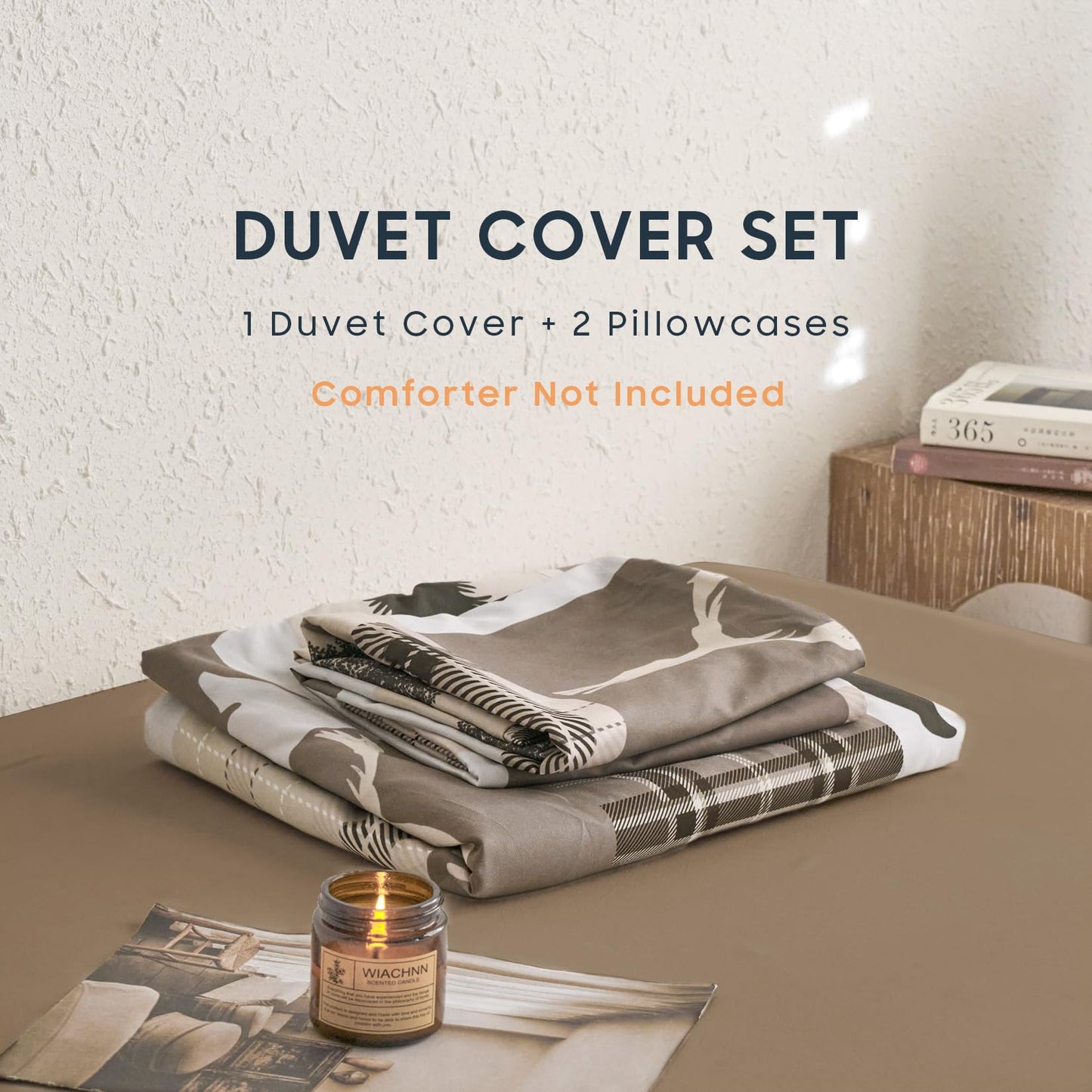 Wake In Cloud - Rustic Duvet Cover Set, Camping Christmas Farmhouse Western Patchwork Plaid Holiday Lodge Cabin RV Outdoor Wildlife Theme Bedding, 3-Piece, Taupe Brown, Queen Size