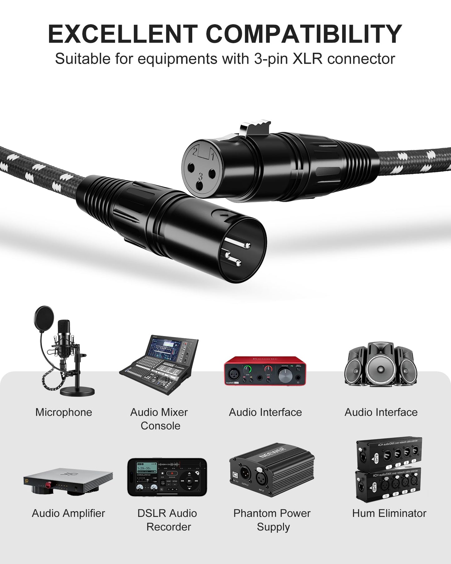 VANDESAIL XLR Cables 25ft 2 Pack, Durable Nylon Braided XLR Microphone Cable, Mic Cable, Shielded and Fully Balanced OFC Male to Female Cord for Recording Mixer Amplifie Speaker Black White