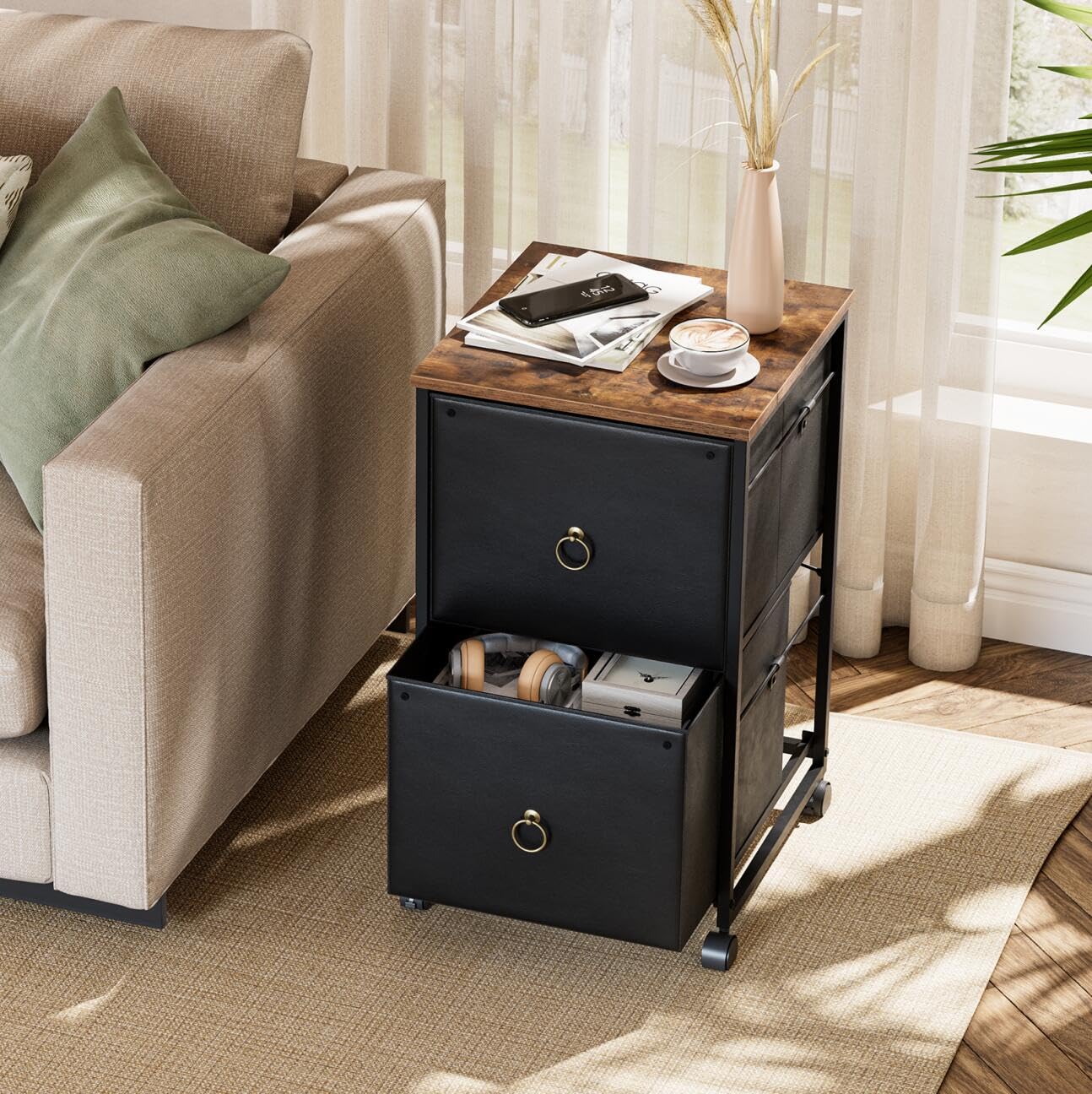 HOOBRO 2-Drawer Mobile File Cabinet, Vertical Filing Cabinet, Filing Cabinet for Home Office, Rolling Printer Stand, A4/Letter-Sized, Nonwovens Drawer, Black and Rustic Brown BFK20WJ01