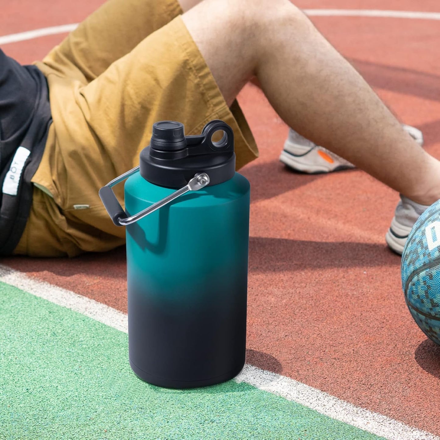 Kerilyn Insulated Jug with Handle, 1 Gallon, 128oz Stainless Steel, Large Double Vacuum Water Bottle for Hot & Cold Drinks, Wide Mouth, Sweat Proof, Great for Travel, Hiking & Camping, Blue & Black