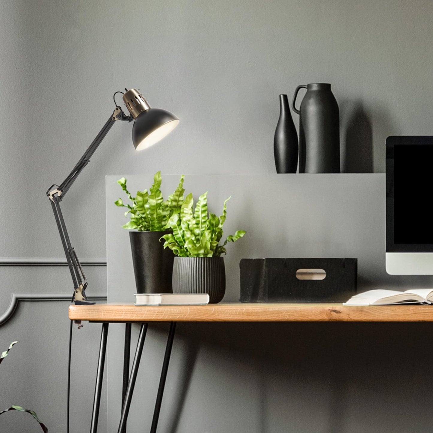 Globe Electric 62000009 32" Multi-Joint Desk Lamp with Metal Clamp, Matte Black, Antique Brass Accents, On/Off Rotary Switch on Shade, Partially Adjustable Swing Arm, Home Décor, Office Accessory