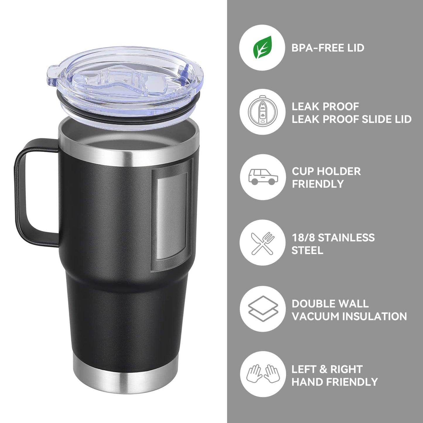 VEGOND 20 oz Tumbler Bulk with Handle Lid and Straw, Stainless Steel Insulated Travel Coffee Mug Set, Spill Proof Double Wall Metal Tumblers Cups, Black 6 Pack