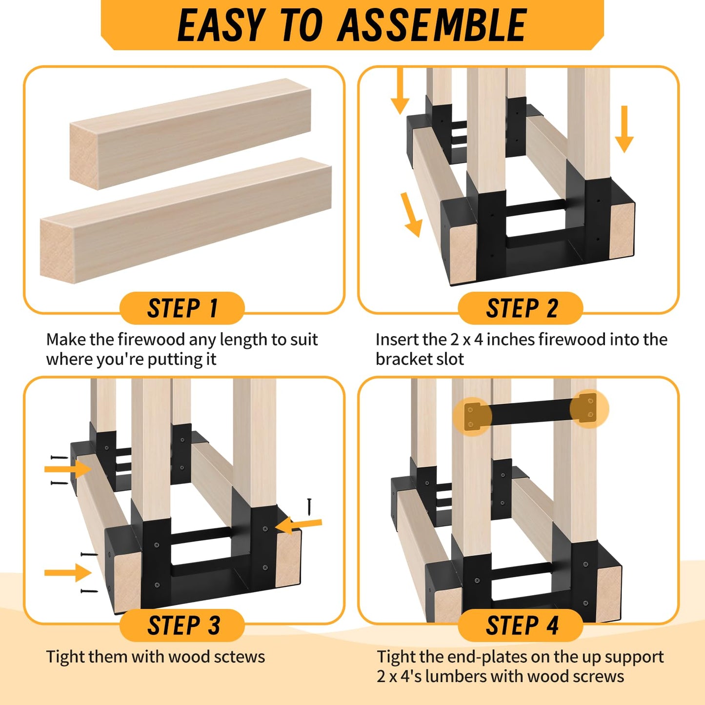 Onlyflame Firewood Rack Brackets Kit - Heavy Duty Steel Log Rack Bracket for Log Holder - Adjustable to Any Length Station Firewood Bracket for Outdoor Indoor Patio Deck Metal Wood Storage with Screws