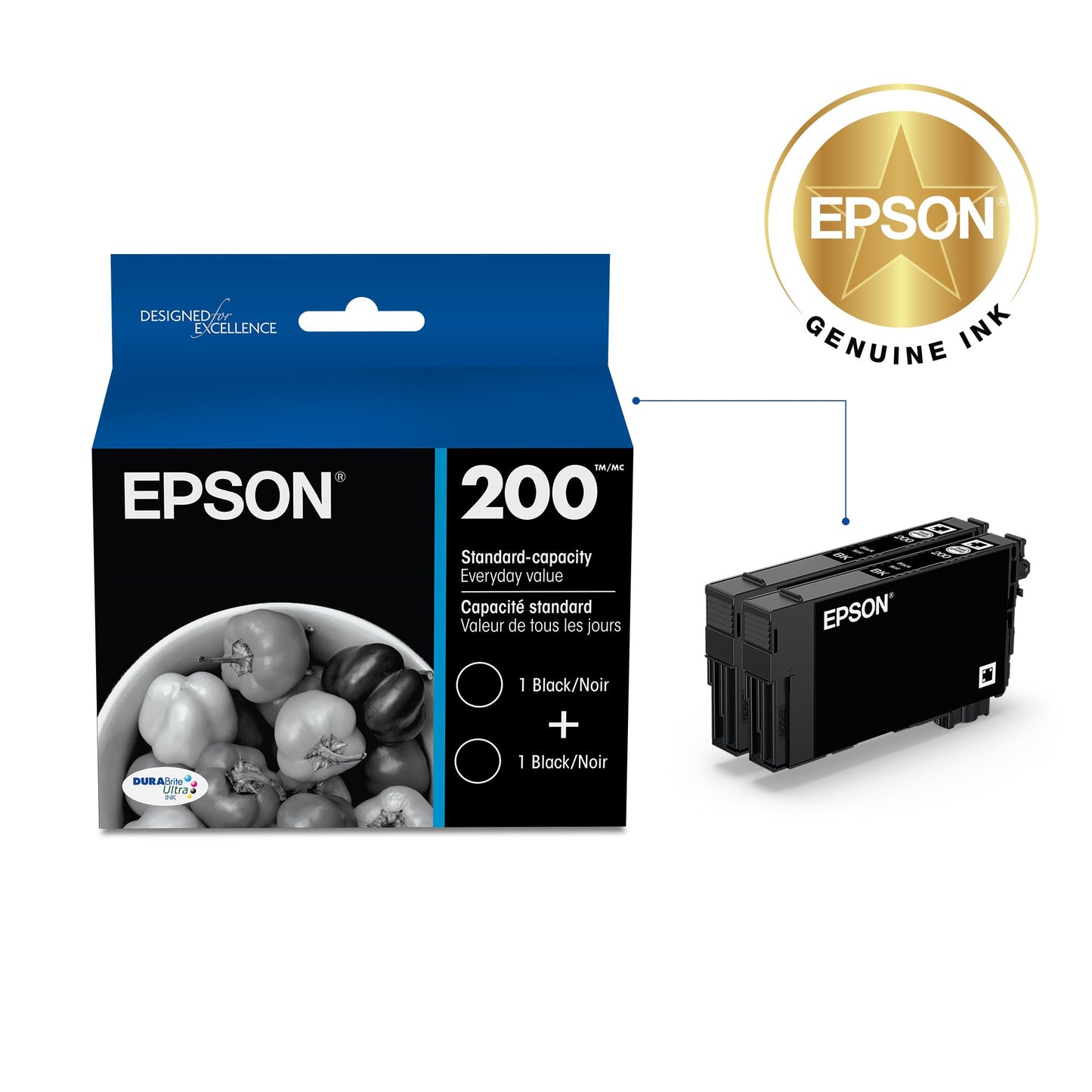 EPSON 200 DURABrite Ultra Ink Standard Capacity Black Dual Cartridge Pack (T200120-D2) Works with Workforce WF-2520, 2530, 2540, Expression XP-200, 300, 310, 400, 410