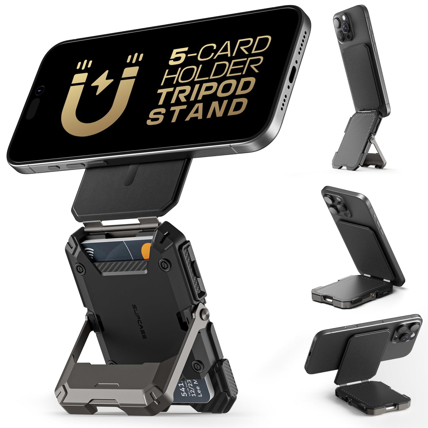 SUPCASE Magnetic Wallet with Stand, Compatible with iPhone 16/15/14/13/12 Series & MagSafe Cases, Holds 5 Cards, Adjustable Stand, RFID Blocking, Tripod Phone Stand, Black