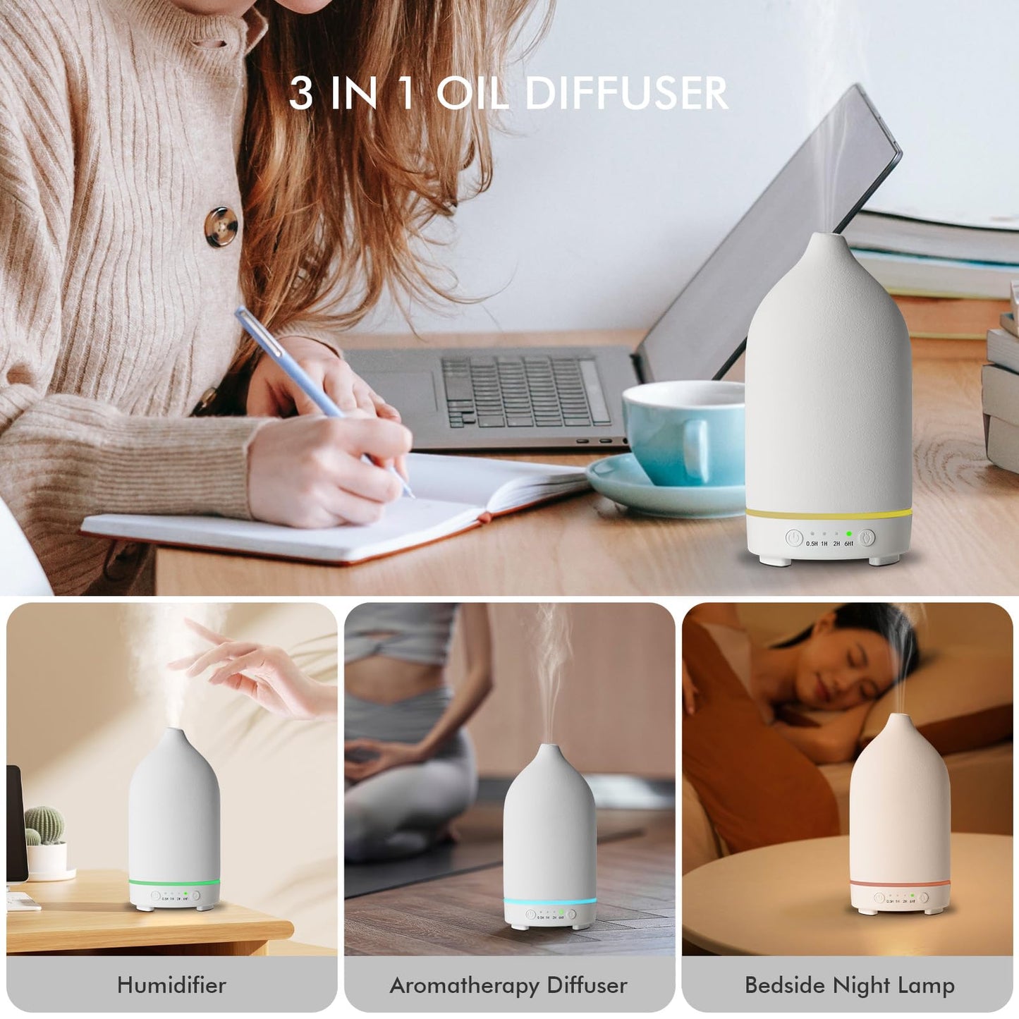 Essential Oil Diffuser Ultrasonic Aromatherapy Diffuser 150ml Ceramic Stone Aroma Diffuser with 7 Colors LED Night Light 4 Timer Setting and Auto Shut Off Protection for Home Office Yoga SPA