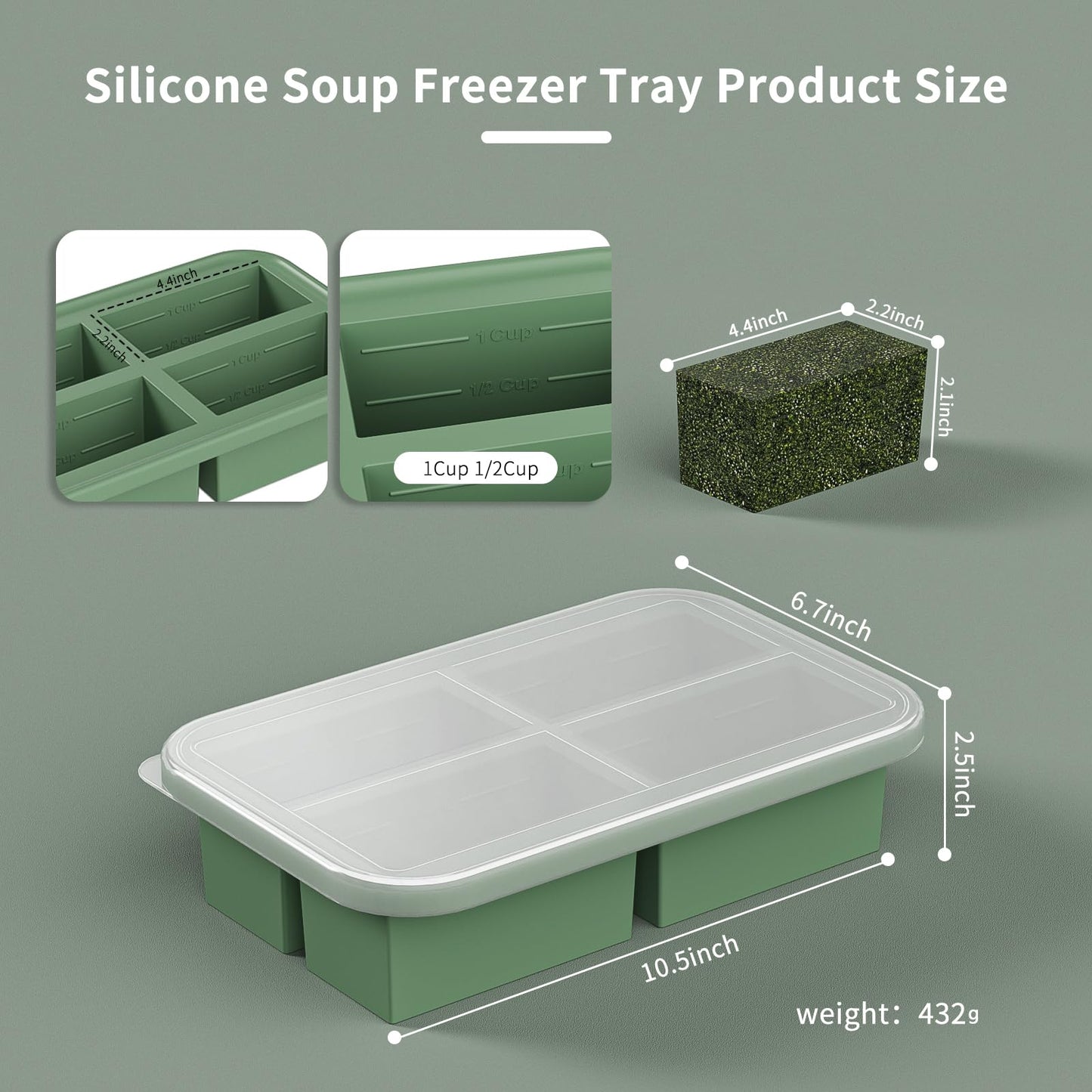 Bongpuda 4 Cup Silicone Freezer Trays with Lid, 2 Pack Silicone Soup Freezer Containers,Make 4 Broths,Sauces and Leftovers（Green）