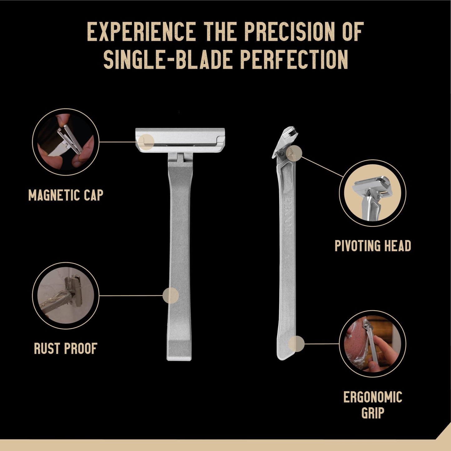 Proof Single Blade Razor for Men Pivoting Head Made in USA - CNC Machined Aluminum Easy Blade Replacement - Includes Genuine Leather Travel Case and Safety Razor Blades