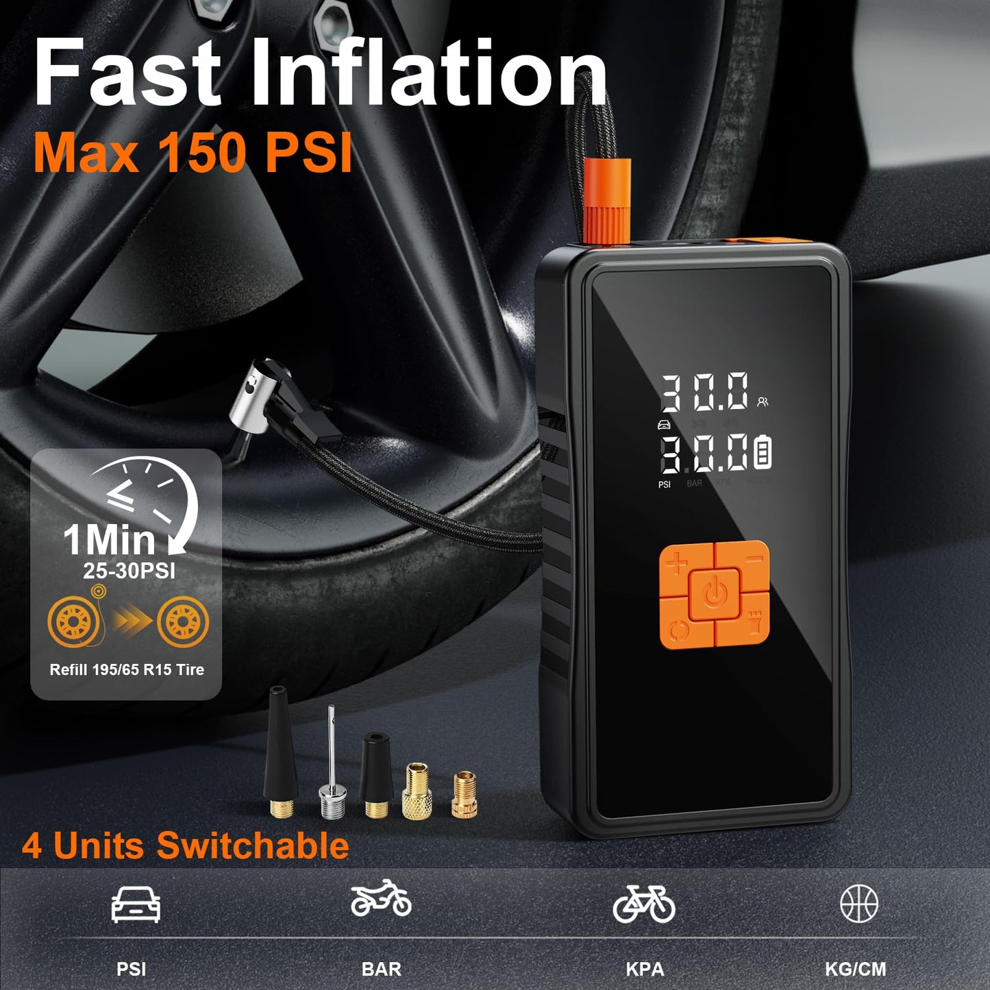 Preciva 8000mAh Jump Starter - 8000A Peak Car Battery Charger with Smart Air Compressor (150PSI), Tire Repair Kit, Power Bank, Digital Gauge & LED Emergency Light for Car, Truck, Motorcycle