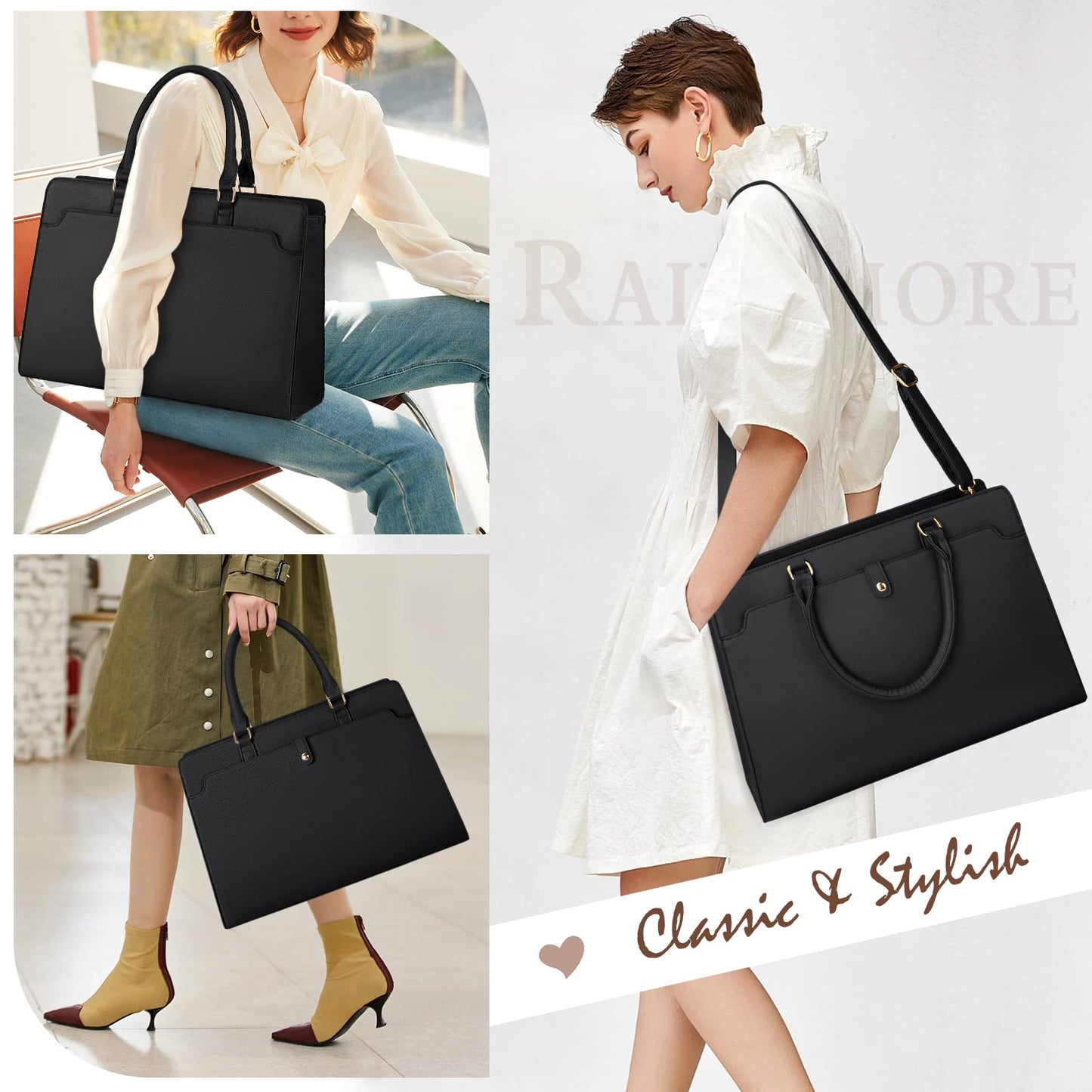 Laptop Bag for Women 15.6 inch Laptop Tote Bag Leather Large Capacity Work Tote Bag Waterproof Business Office Computer Bag Women Travel Handbag Shoulder Bag, Black
