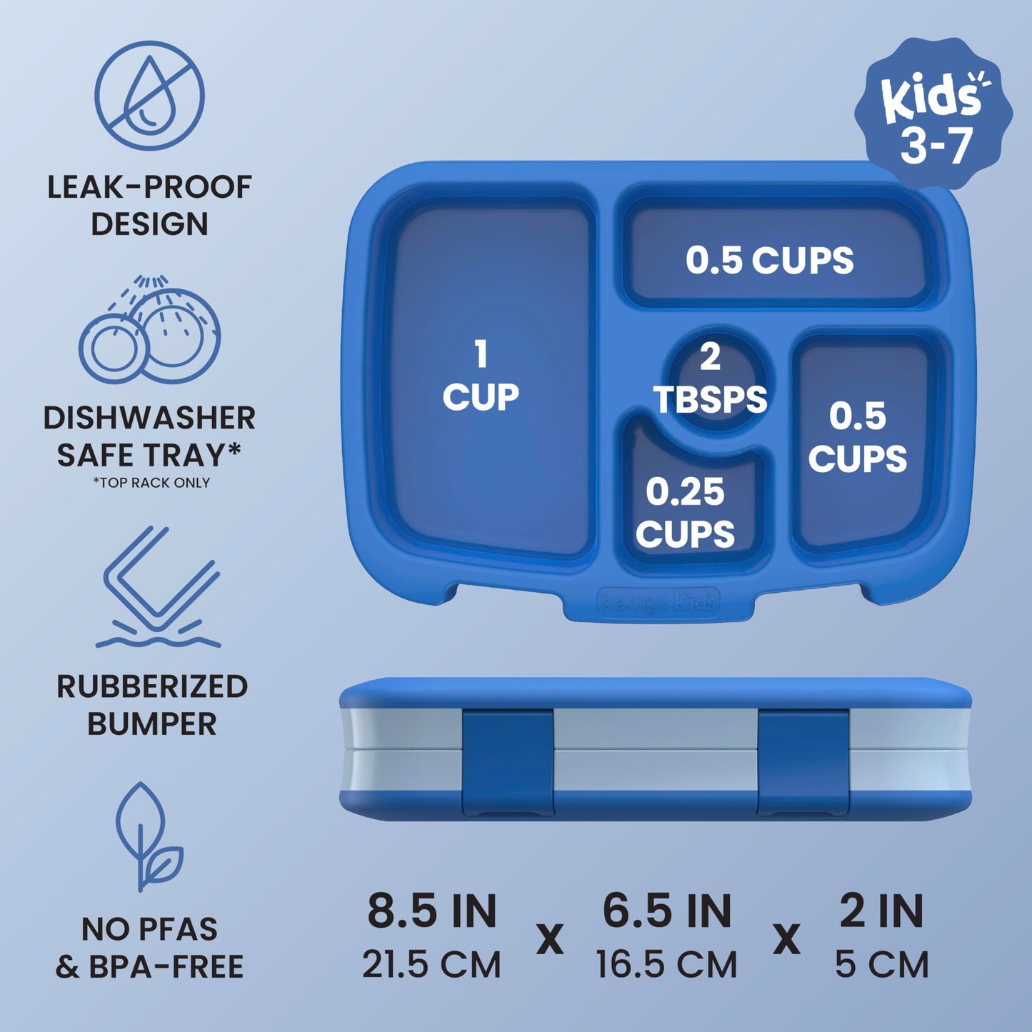 Bentgo® Kids Bento-Style 5-Compartment Lunch Box - Ideal Portion Sizes for Ages 3 to 7 - Leak-Proof, Drop-Proof, Dishwasher Safe, BPA-Free, & Made with Food-Safe Materials (Blue)