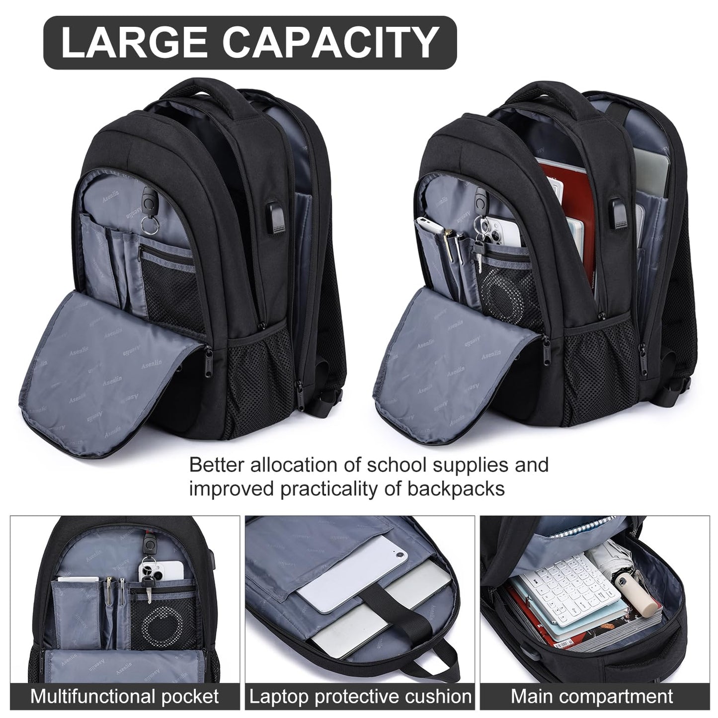 Asenlin Travel Laptop Backpack for Women & Men,Water Resistant Business Slim Sturdy Laptops Backpack with USB Charging Port,Fits 17.3 Inch Notebook College School Computer Bag-Black