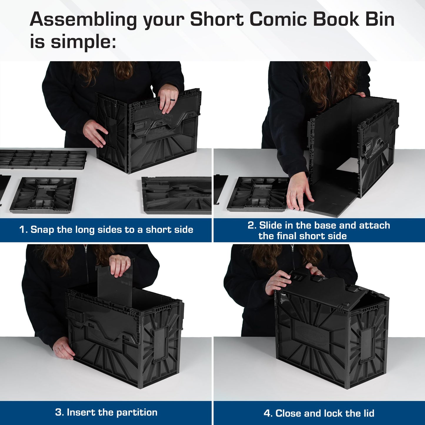 BCW Short Comic Book Bin – Black, 1 Pack | Holds 150 Comics | Acid-Free Heavy-Duty Plastic Storage Box with Partition | Stackable Organizer for Comic Collectors