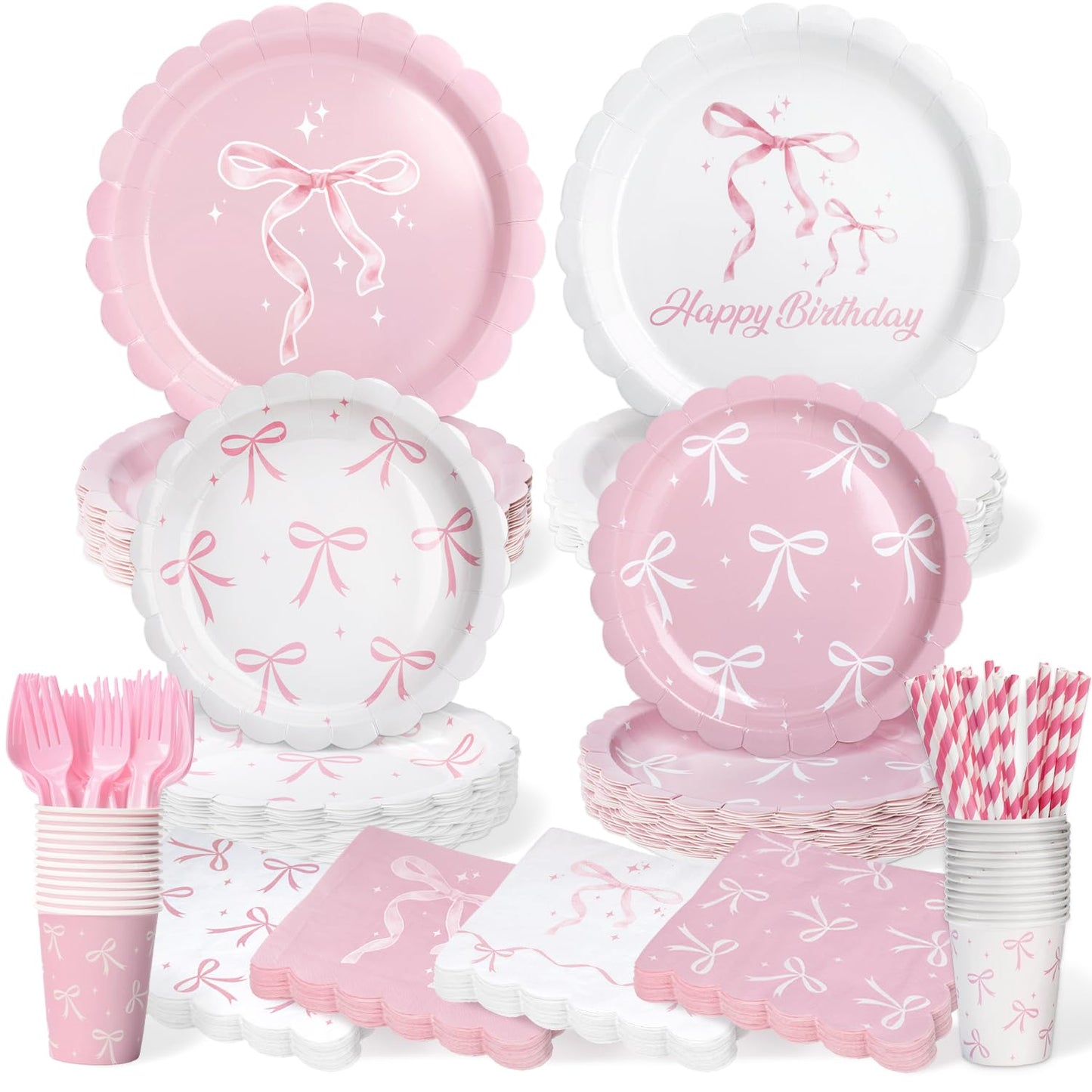 300 Pcs Pink Bow Plates, Cups, Napkins and Tableware Sets for Coquette Birthday Decorations, Pink Birthday Party Supplies Include Straws, Pink Birthday Decorations Which Can Serve 50