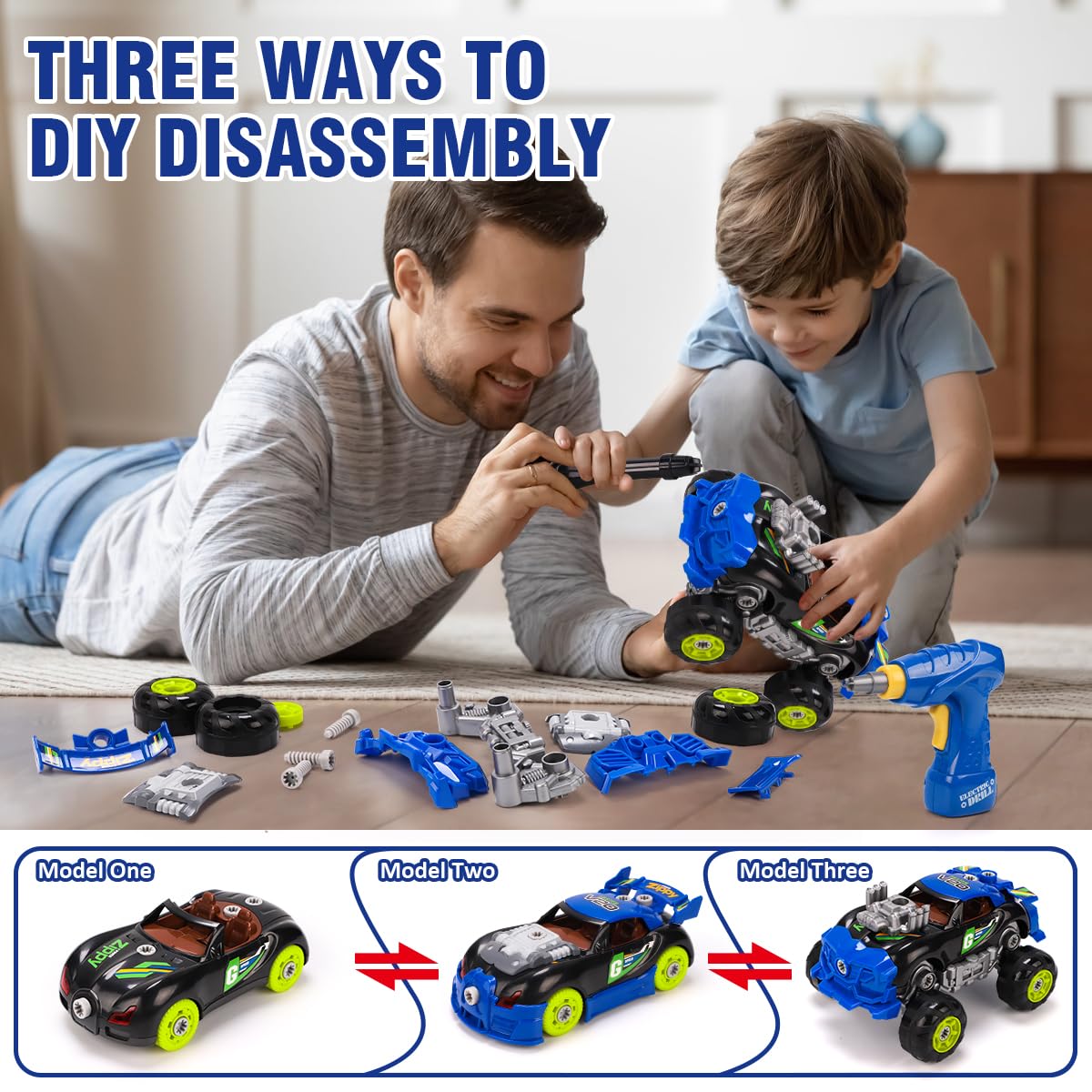 KaeKid 3 in 1 Car Toys for Kids 3-5 6-8, Take Apart Racing Car with Electric Drill Tool Light&Sounds, Construction Set STEM Building Learning Game for 3 4 5 6 Year Old Boys and Girls Gifts