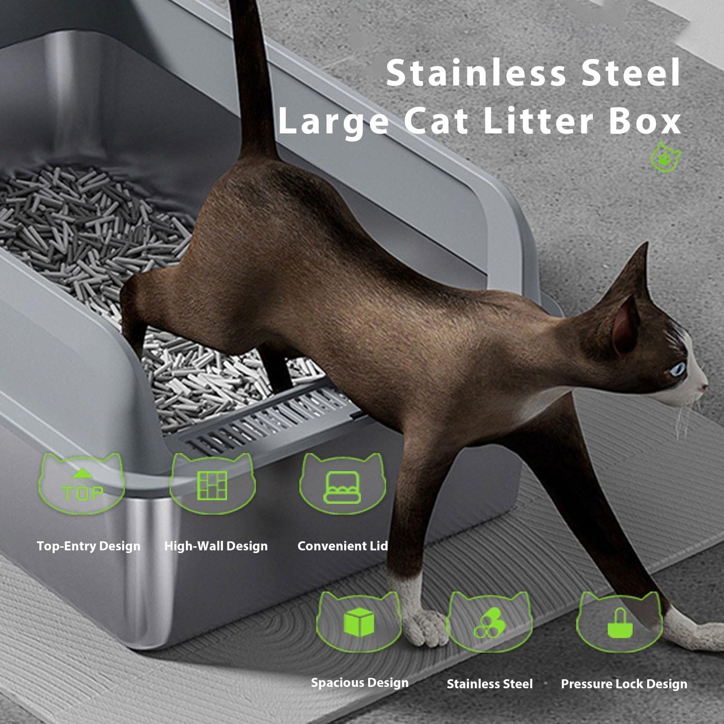 Gugxiom Stainless Steel Cat Litter Box, 60×40×20 cm Large Litter Box, Top Entry Design, with Scoop, Easy Cleaning