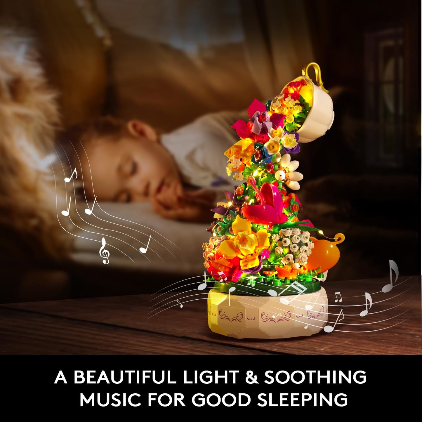 HOGOKIDS Flowers Music Box Building Block Kit with Light- 571PCS Botanical Collection Rotating Music Box Building Blocks Set | Valentine's Day, Birthday Gift for Girls Boys Couples Adults Kids Ages 6+