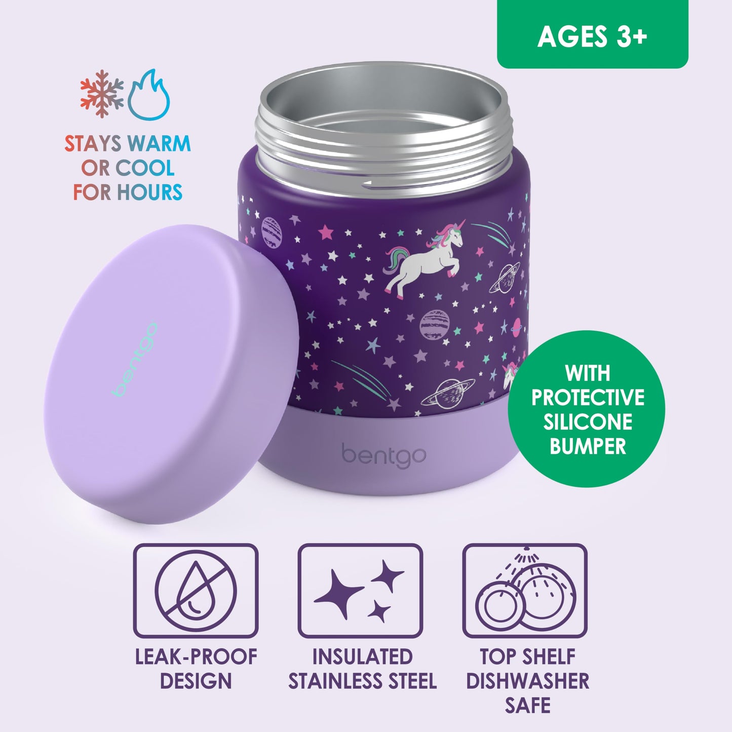 Bentgo Kids Stainless Steel Food Jar - 11oz Leak-Proof Double Insulated Hot or Cold Food Container with Removable Silicone Bumper, Dishwasher Safe, Easy Open Lid, Ages 3+ (Unicorn)