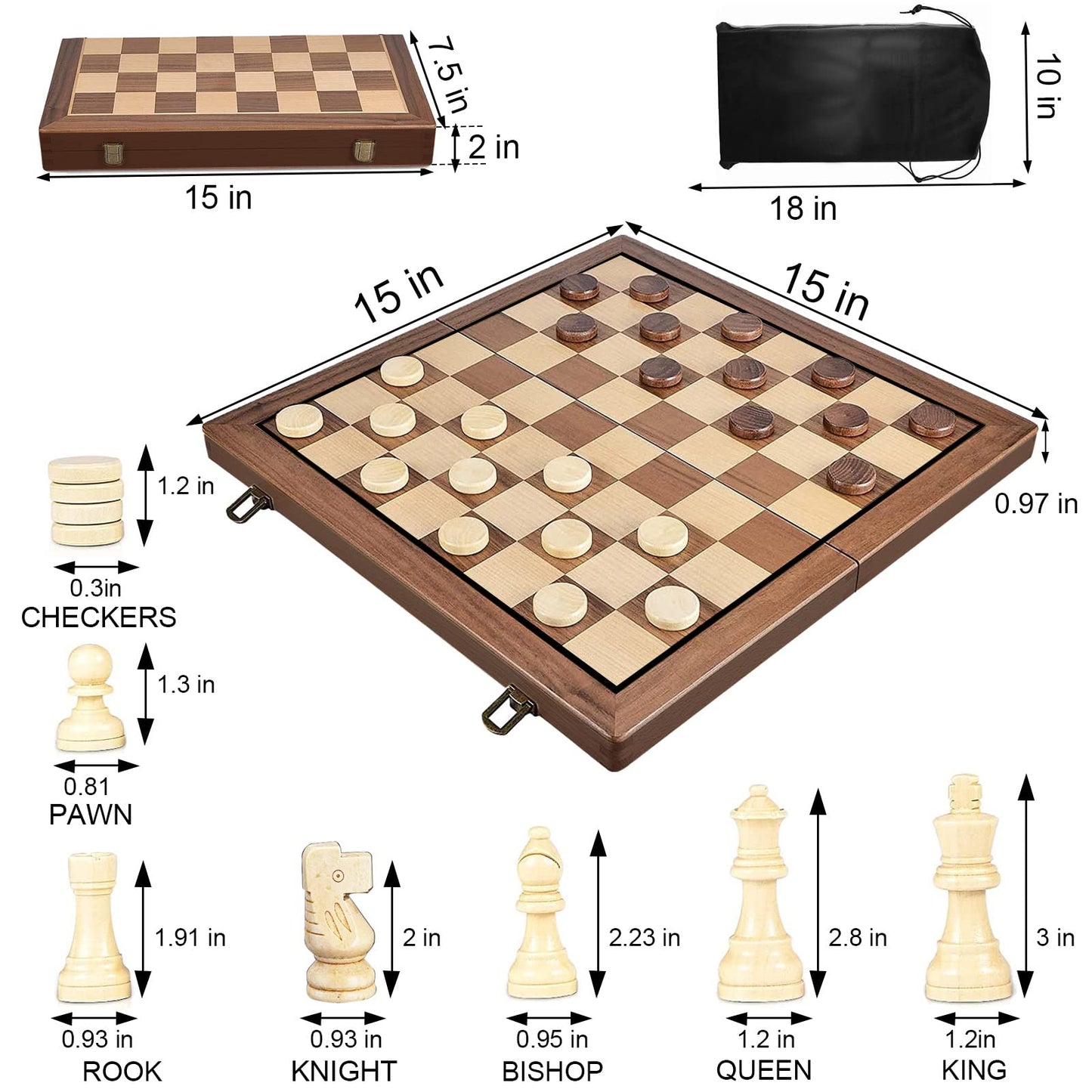 kawaiicrocodile Magnetic Wooden Chess Set, 15'' Folding Chess Board Set with 1 Storage Bags and 2 Extra Queens, Gifts for Man, Women, Beginner (Walnut)
