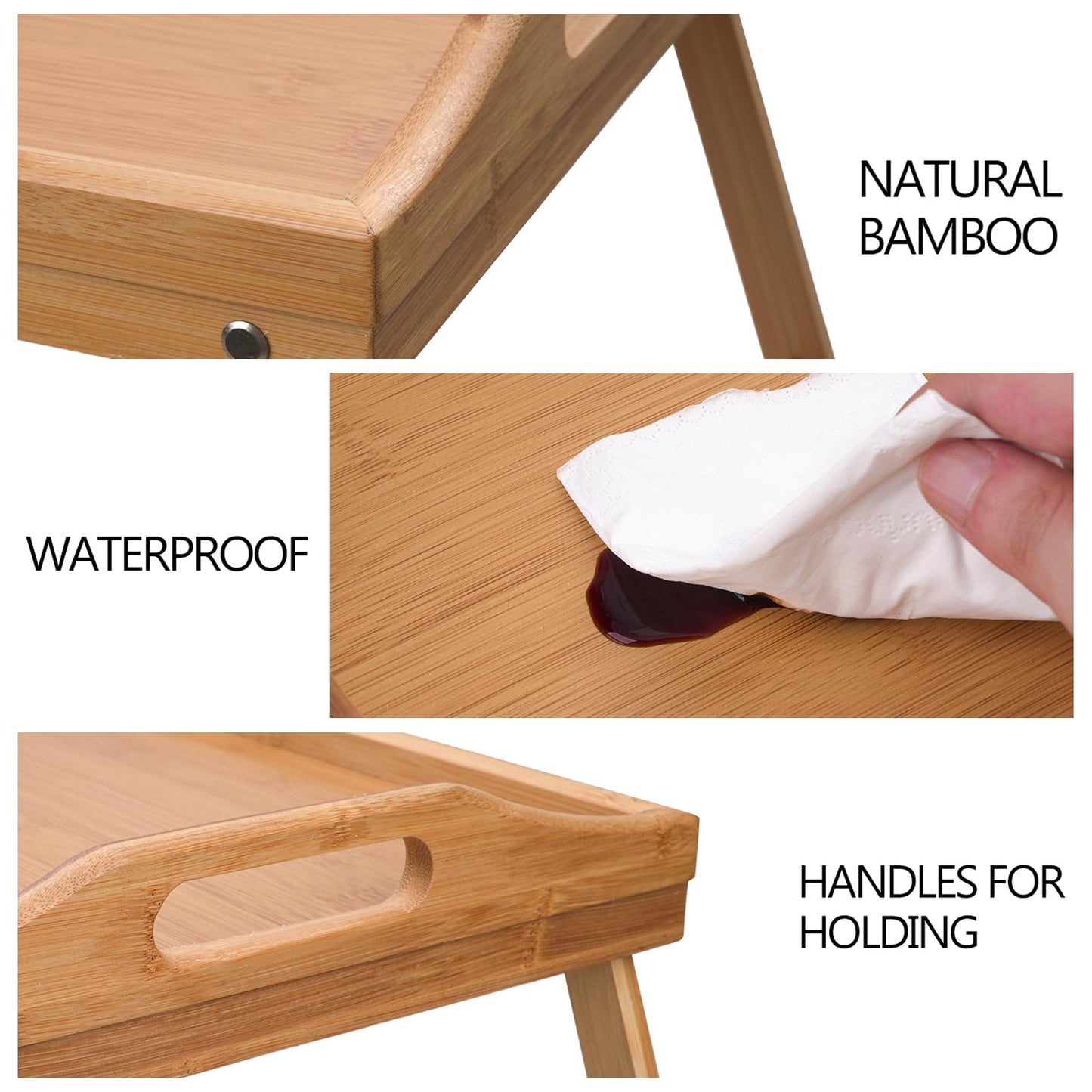 BAMBITION 2 Pack Bed Tray Tables, Bamboo Breakfast Serving Trays with Folding Legs and Handles, Wood Lap Tray Table for Eating on Couch