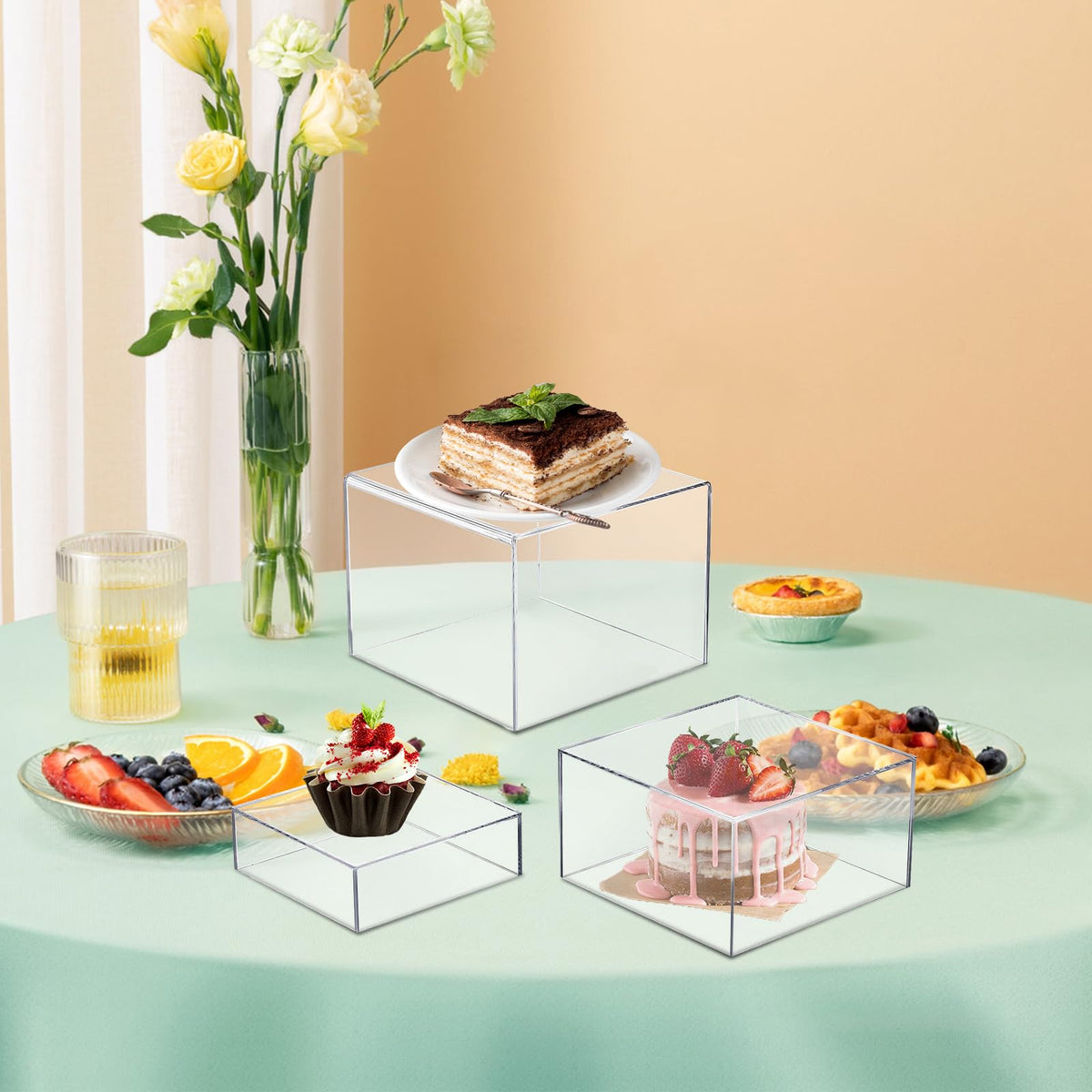 Voittozege 6 Pcs Clear Buffet Risers, 6'' 7'' 8'' Acrylic Cube Nesting Table Risers, Display Stand Box with Hollow Bottoms for Jewelry, Candy, Collectibles Food Display Risers