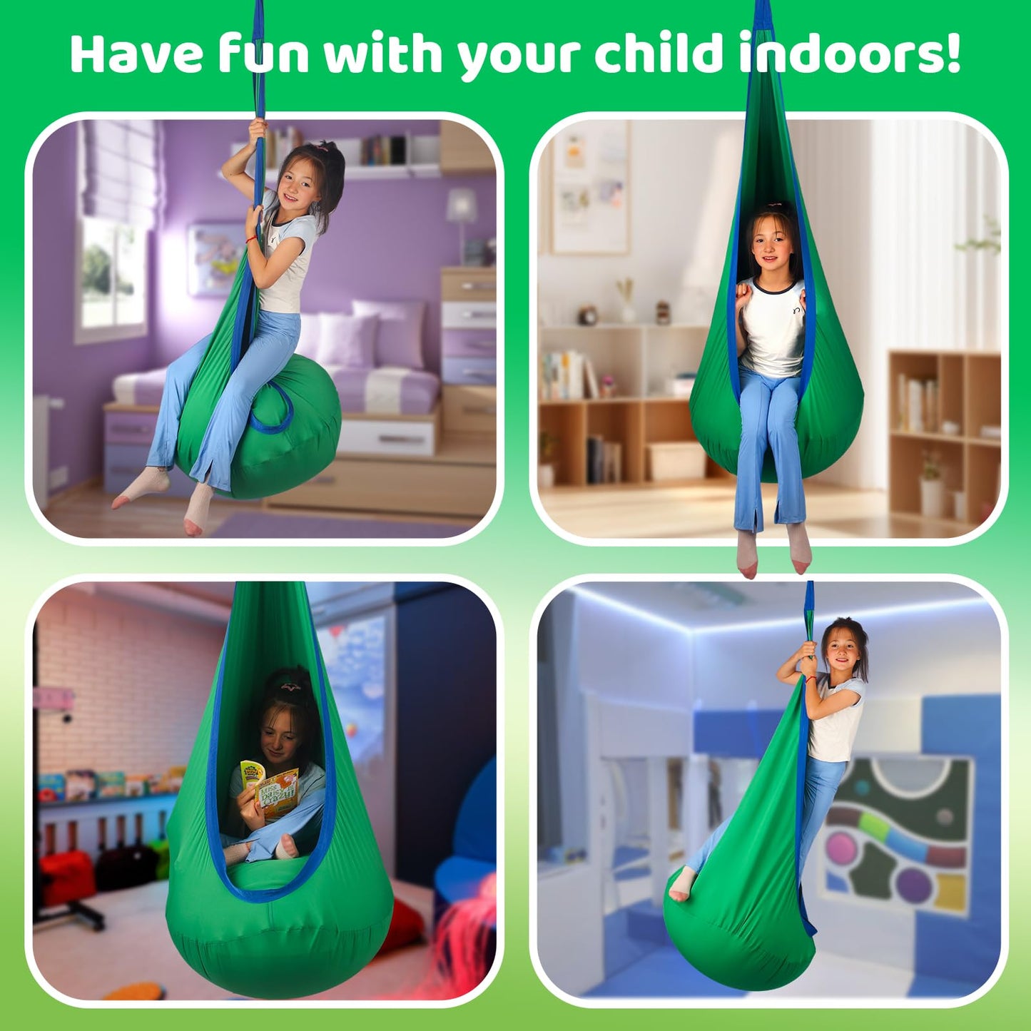 HiCamer Sensory Swing for Kids Indoor and Outdoor Pod hammock Chair Seat Upgrade Max 300 lbs Hanging Swing with Inflatable Cushion Includes Hardware Hanger Kit for Aspergers Autism ADHD (Green)