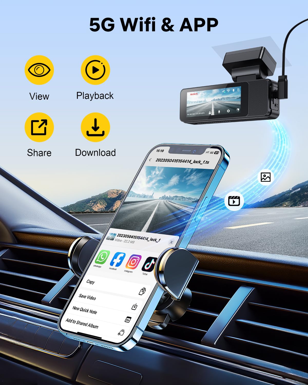 GKU 4K Dash Cam Front and Rear Camera, 3.18" Touch Screen, Dash Camera Built-in 5G WiFi & GPS, 4K+1080P Dashcams for Cars Support 512GB Max, Night Vision, 24H Parking Mode, G-Sensor (D700-CA)