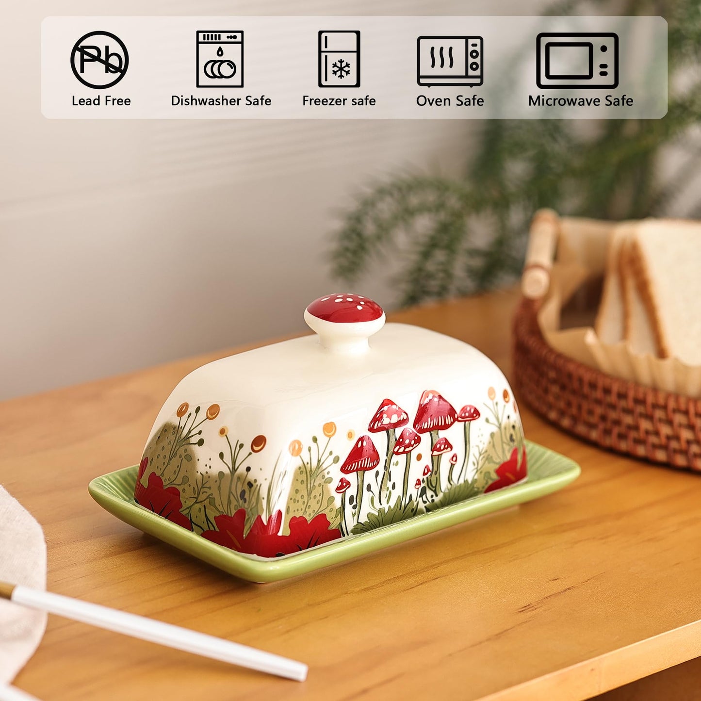 Fungi Fun Mushroom Butter Dish with Lid for Countertop Ceramic Butterdish, Red Mushroom Butter Container, Butter Tray Large Butter Dish Covered (White & Red Mushroom Butter Dish)